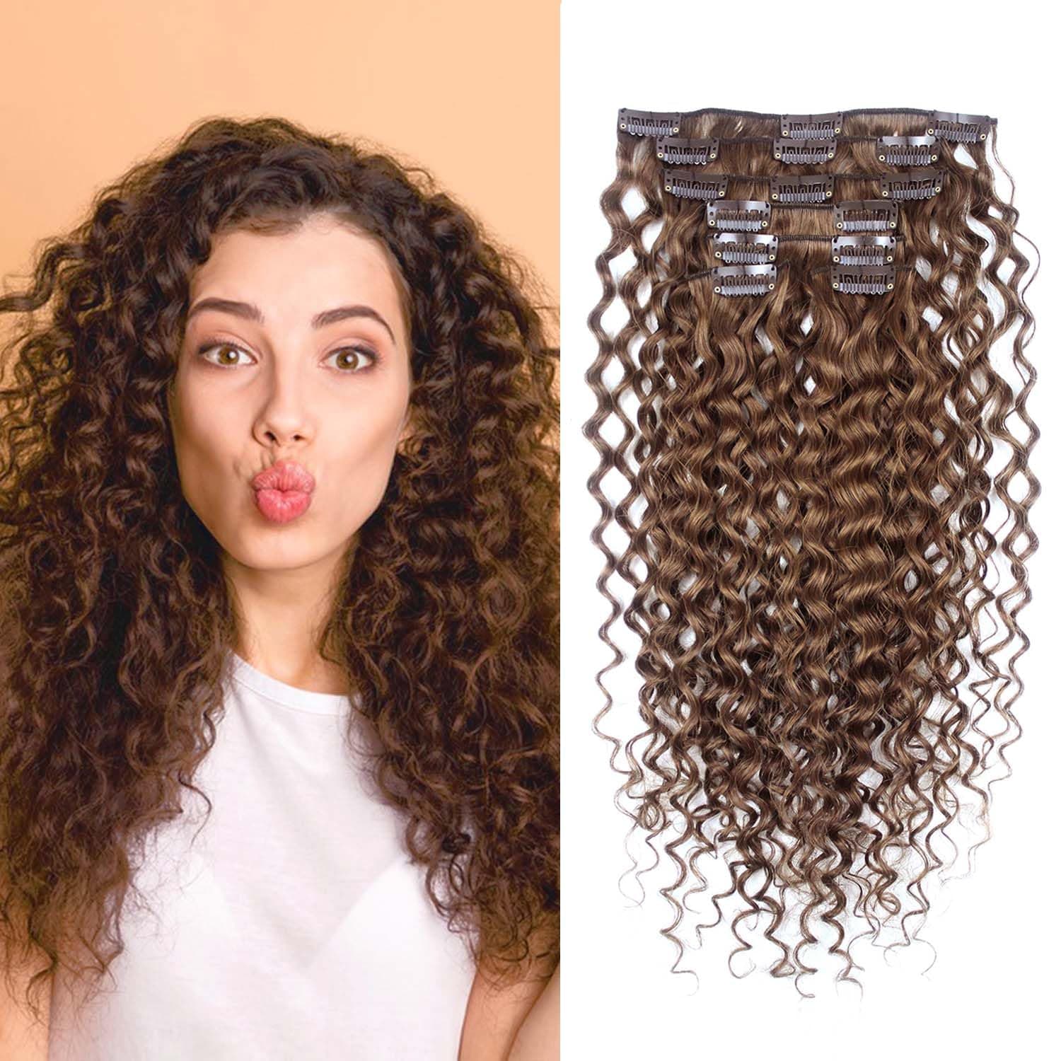 Flying Beauty Deep Curly Wave Brazilian Hair Light Brown Curly Clip in 100% Human Hair Extensions 18 Inch 7pcs Remy Hair Clip 80g #8