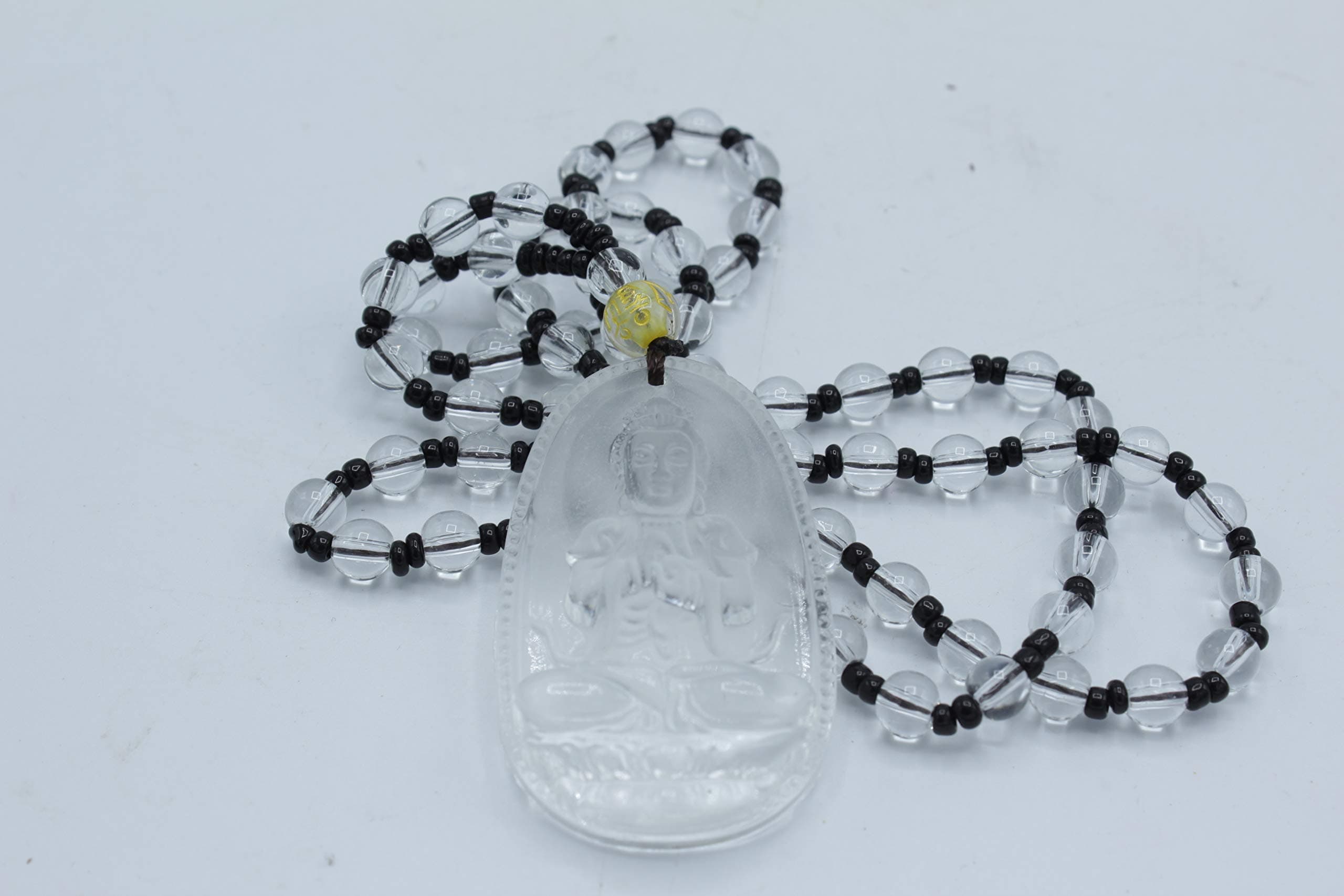 LuckyGifts Chinese Liu Li Glass Carved Mercy Kwan Yin | Guan Yin Buddha Pendant Citrine Beads Necklace Lucky Feng Shui Protection Hanging Charm (Clear)