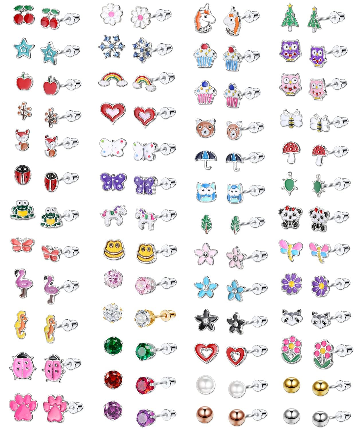 51Pairs Kids Earrings for Girls Children Cute Small Stud Earrings Set With Hypoallergenic Stainless Steel Ear Needles, Coloured CZ Animals Flower Fruit Pearls Star Earrings Jewellery Gifts