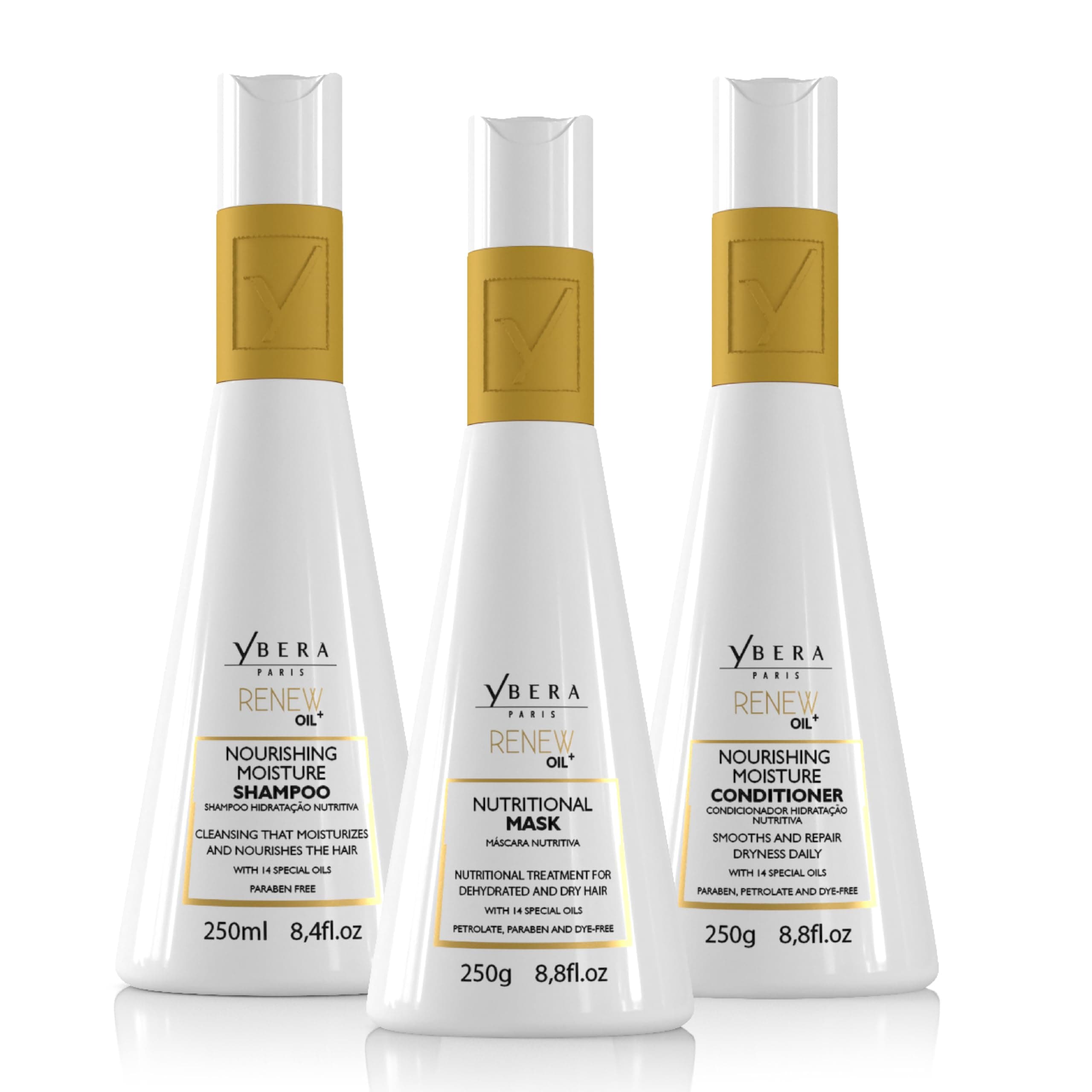 YBERA PARIS Renew Oil Home Care Kit, Anti-age, Powerful Antioxidant, High Emollient Power, Fights Free Radicals, Nutritious Shampoo 8.4 & Conditioner 8.8 & Mask 8.8 Oz Daily Care with Olive Elixir