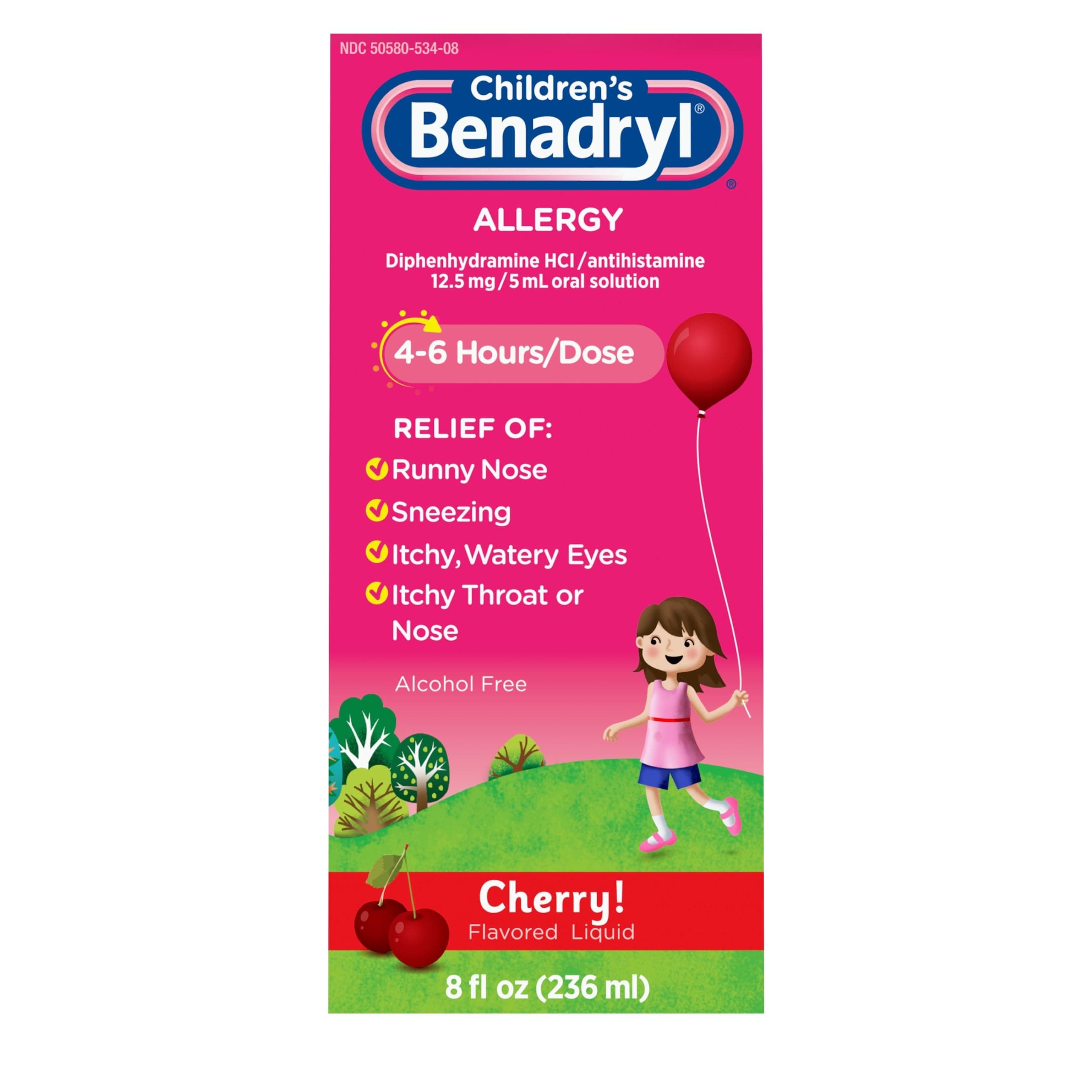 Benadryl Children's Allergy Relief Liquid Medicine with Diphenhydramine HCl Antihistamine for Kids, Effective Allergy Relief, Cherry Flavor, 8 fl. oz