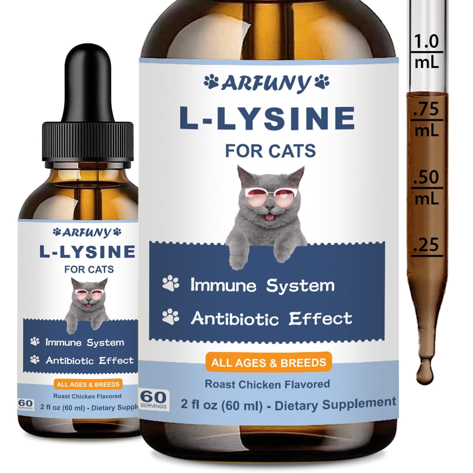 L-Lysine for Cats - Cat Immune Support - Lysine for Cats - 60ML Drops for Respiratory, Sneezing, Runny Nose, Eye Function - Roast Chicken Flavor