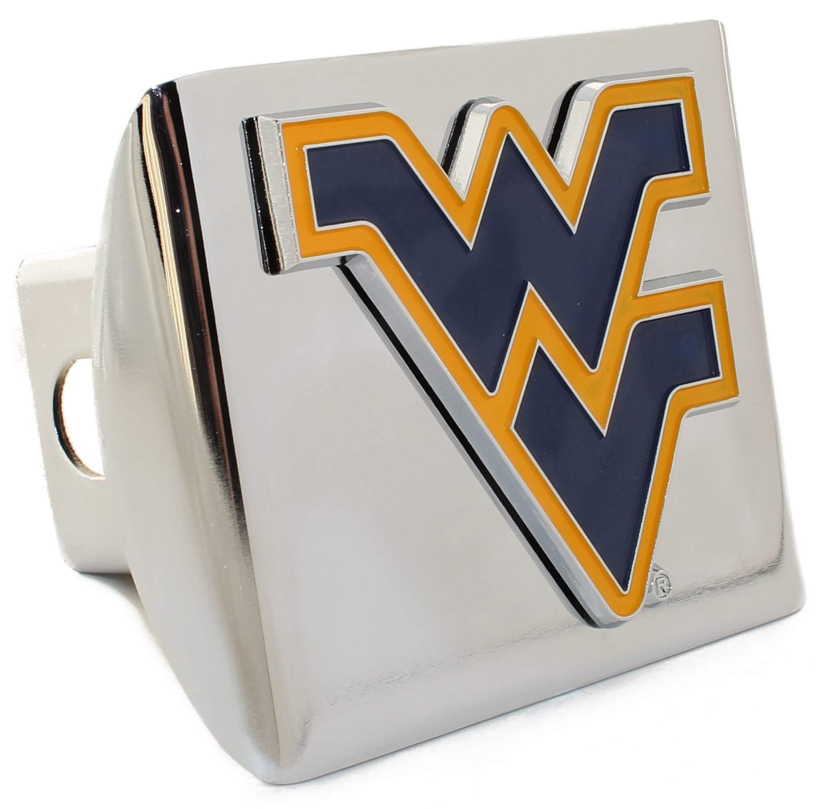 MVP Motorsports West Virginia Mountaineers Premium Chrome Metal Trailer Hitch Cover with Navy & Yellow Logo