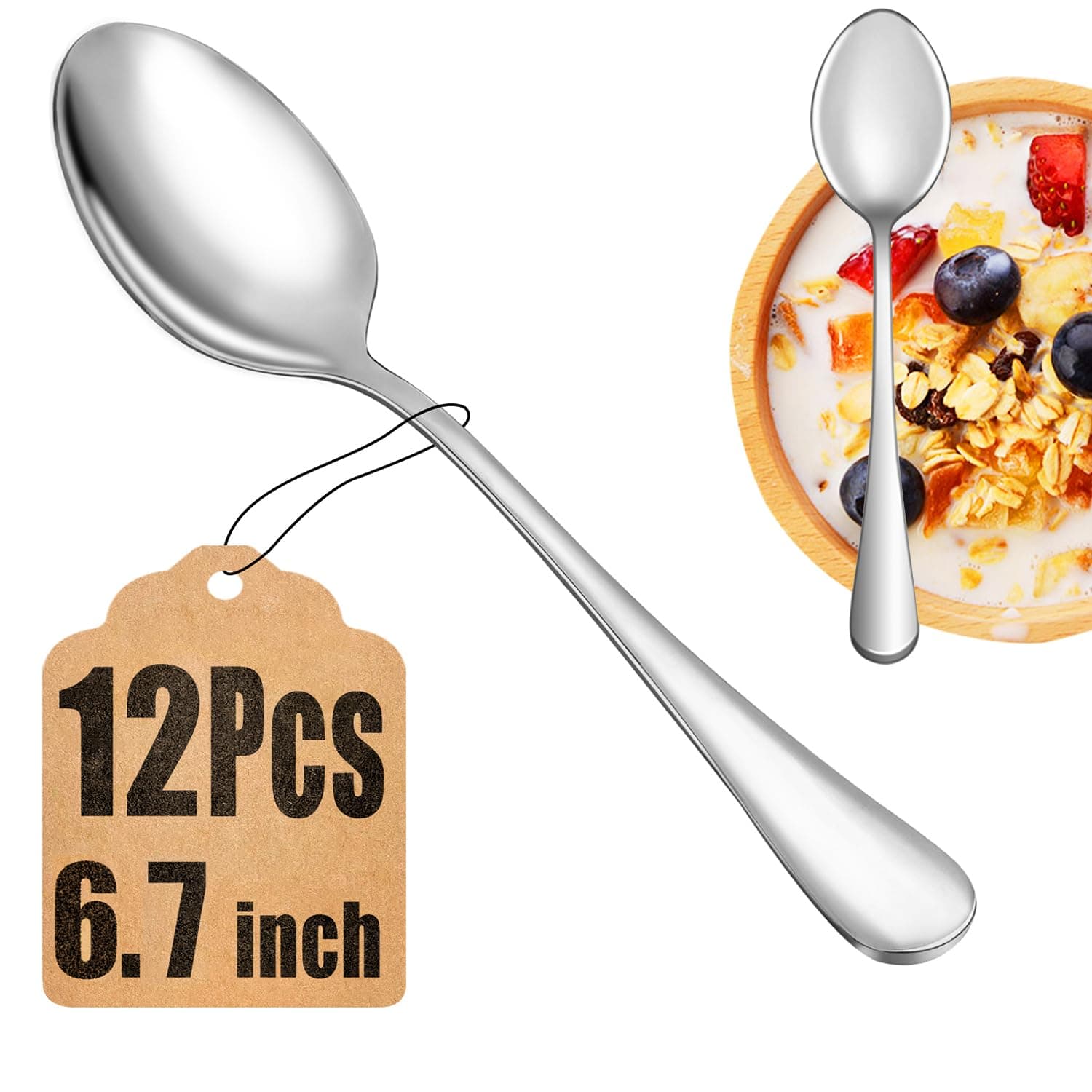 12 Piece Teaspoons Set,Food Grade Stainless Steel Tea Spoons,Durable Small Spoons,Metal Dessert Spoon,Spoon Silverware for Home,Kitchen or Restaurant,Mirror Polished & Dishwasher Safe,6.7-Inch