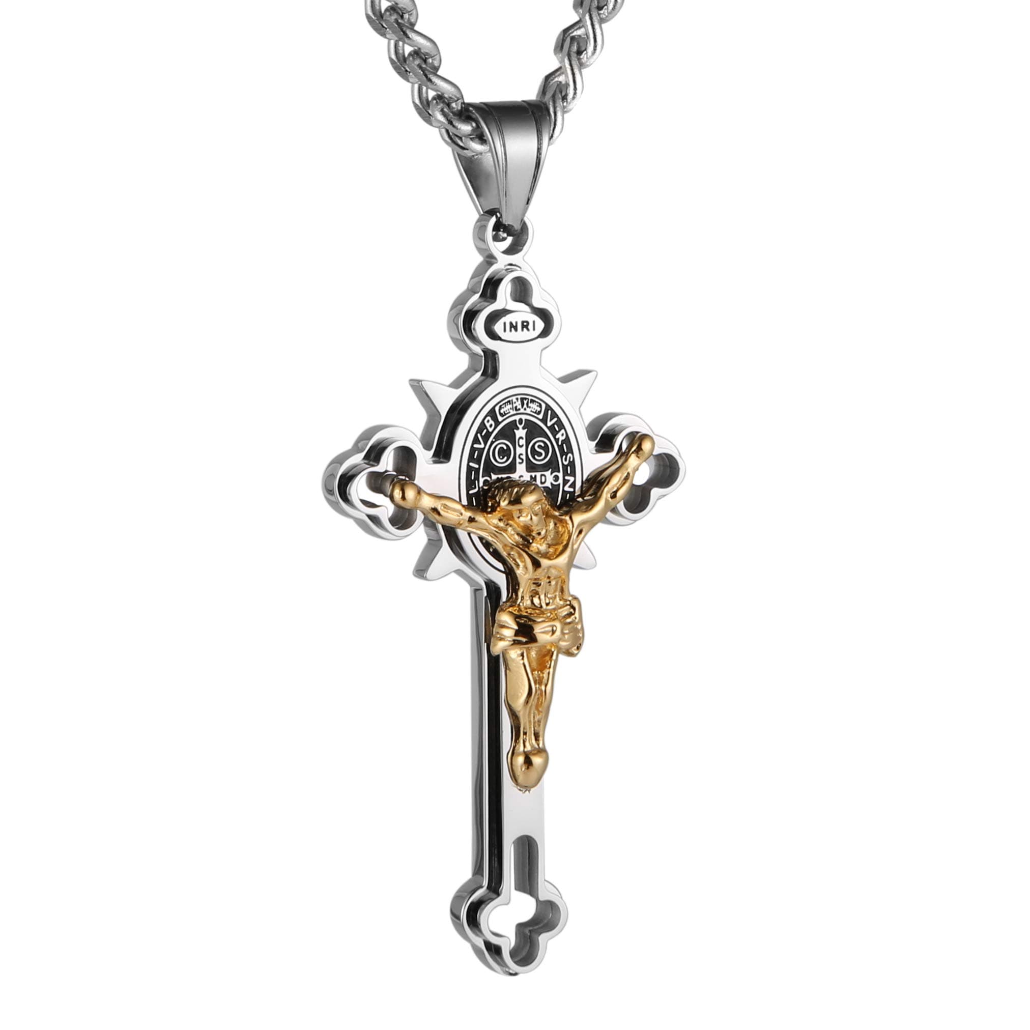 Saint Benedict Cross Necklace for Men Stainless Steel INRI Crucifix Cross Pendant Necklace Jewelry Gift