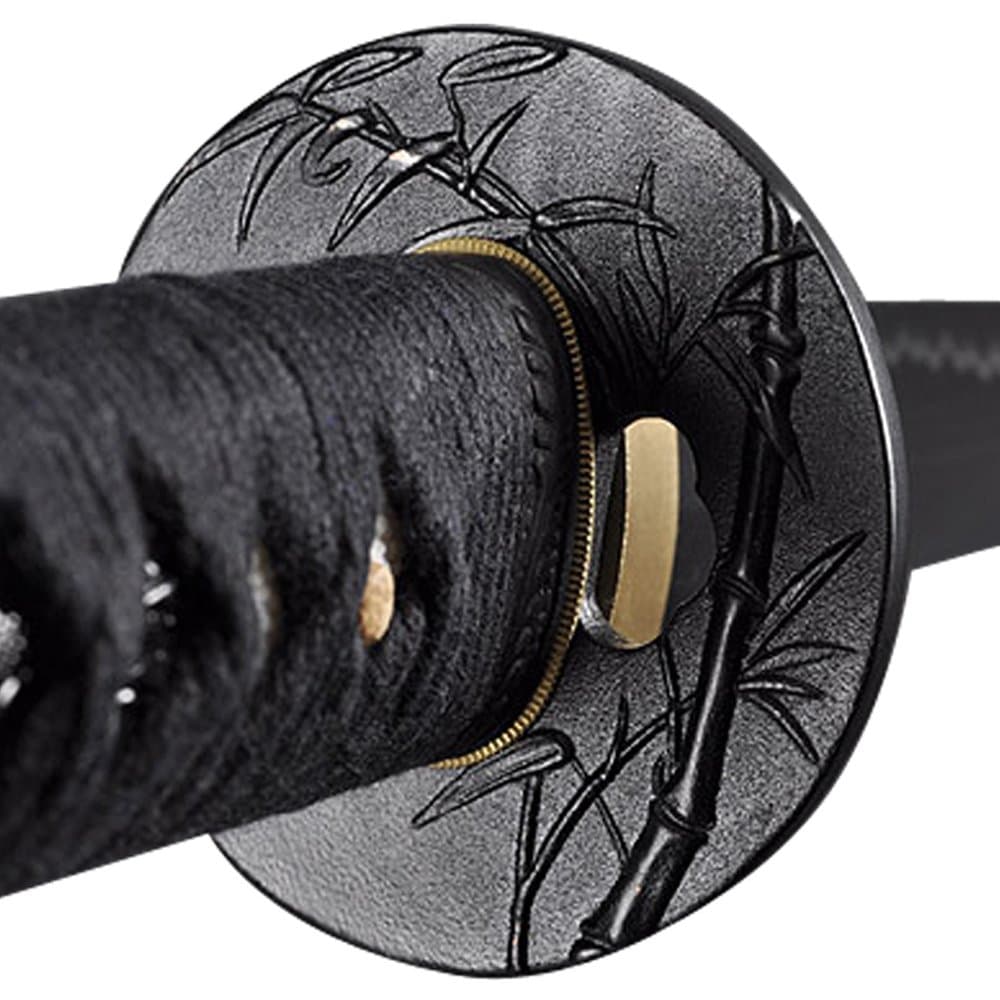 Handmade Sword - Samurai Katana, Battle Ready, Hand Forged, 1045 Carbon Steel, Heat Tempered, Full Tang, Sharp, Bamboo Tsuba, Black Wooden Scabbard