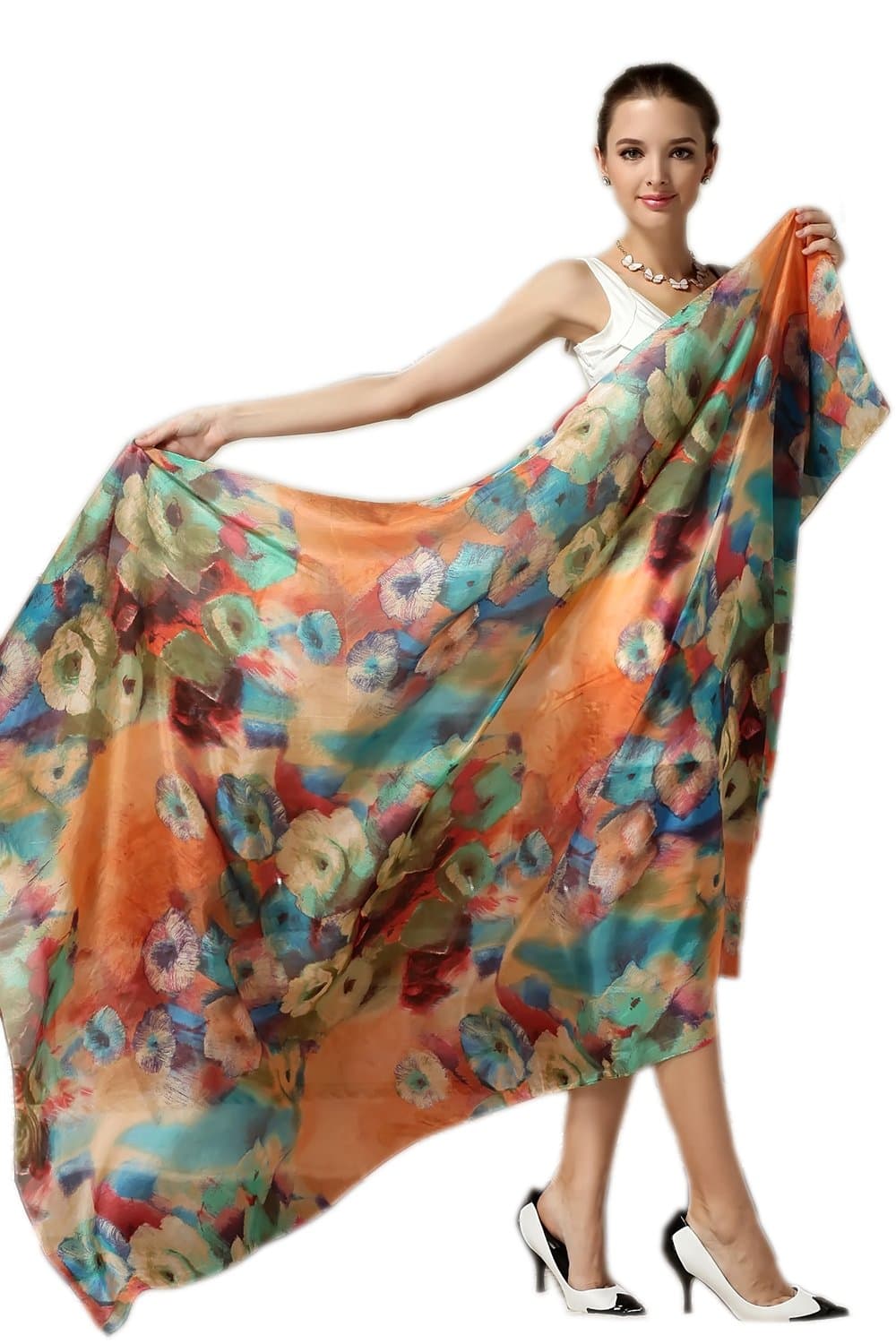 Women Fashion Silk Scarf Oblong Floral Oversize Soft Shawl Beach Wrap