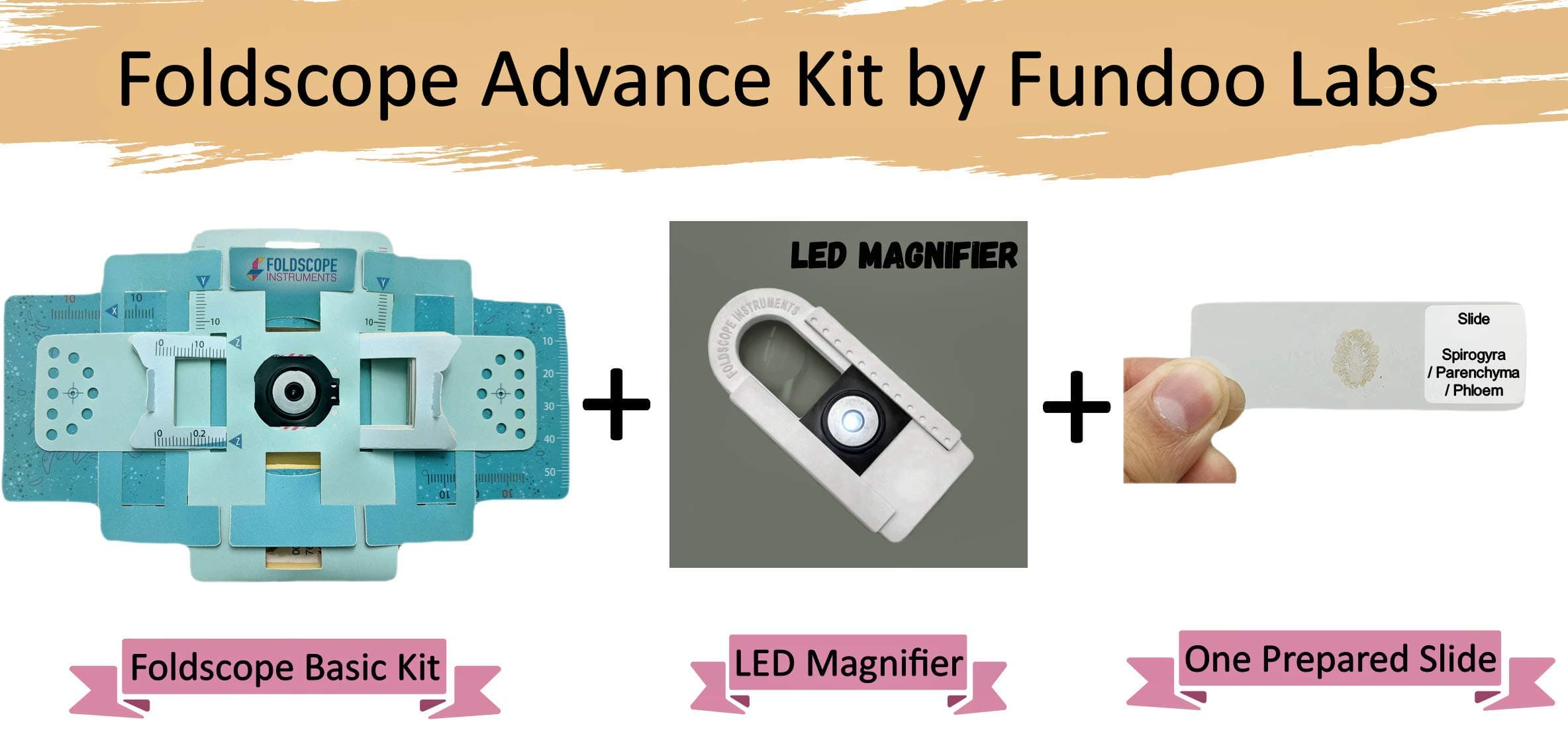 Fundoo Labs Foldscope Advance Kit DIY Microscope, LED Magnifier, 1 Prepared Slide