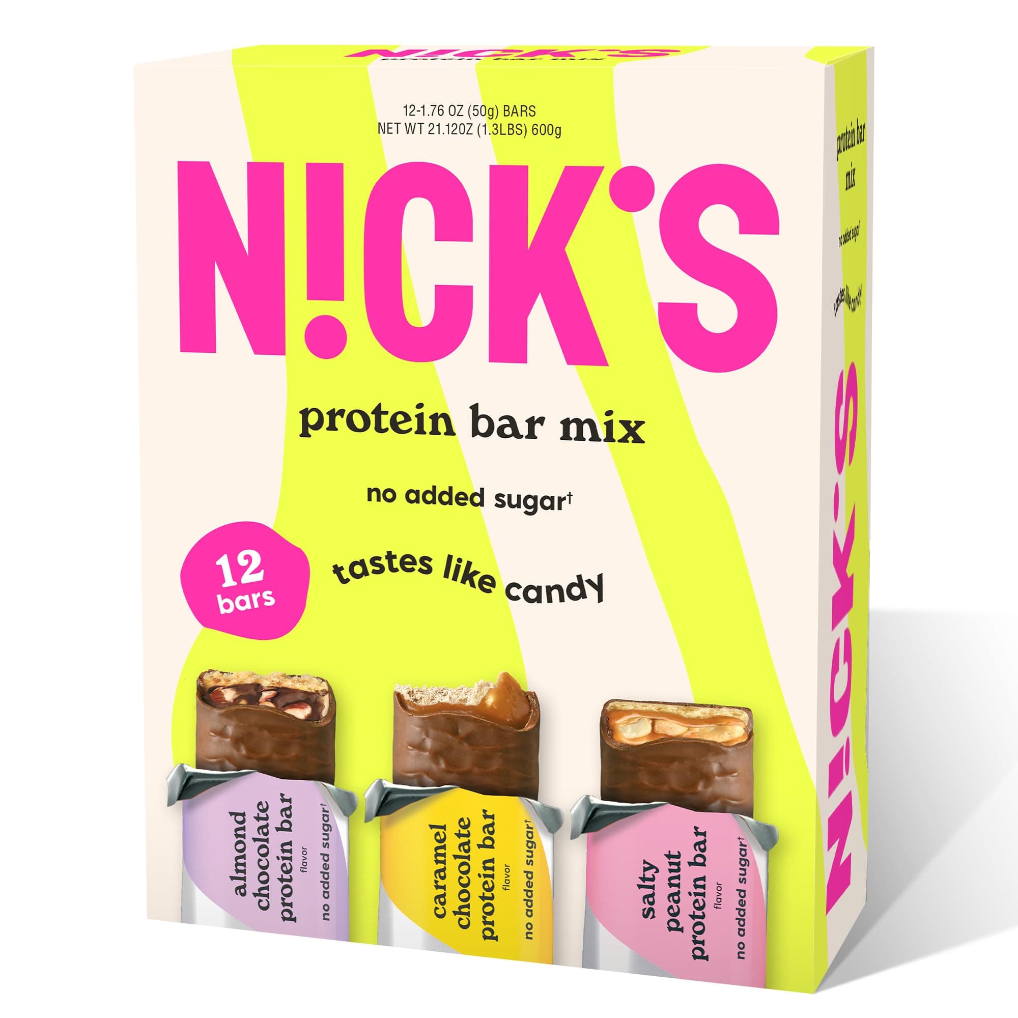 NICKS Protein Bars Variety Pack, Protein-Packed Snack, Low Calories, Low Carb Keto Friendly Snacks No Added Sugar, Salty Peanut, Chocolate Caramel and Almond Chocolate (12 Pack)