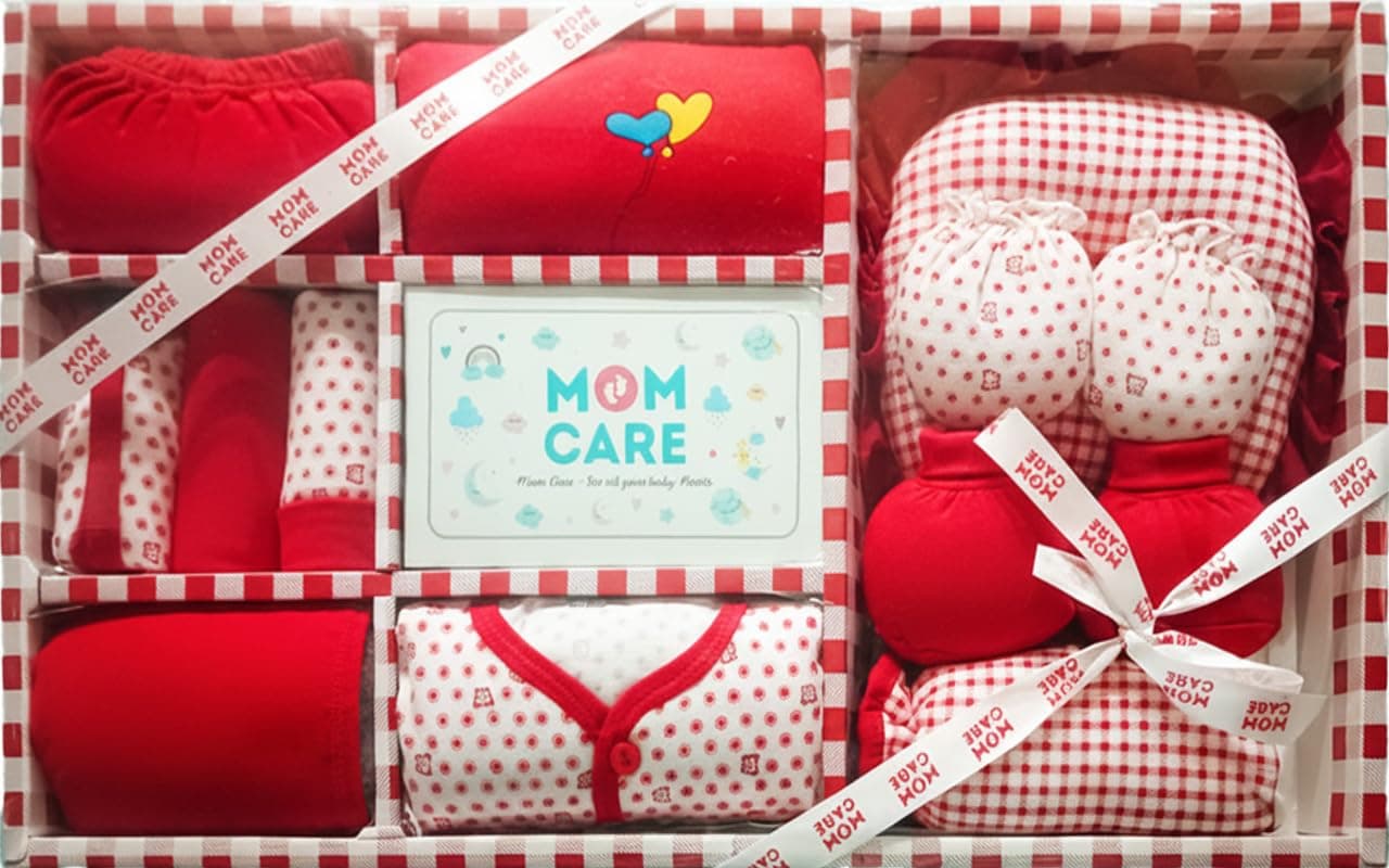 - MOM CARE Newborn Baby Gift Set (11 Pieces) | 100% Cotton Baby Clothing Set | 0–3 Months | Baby Shower & Welcome Gift Box