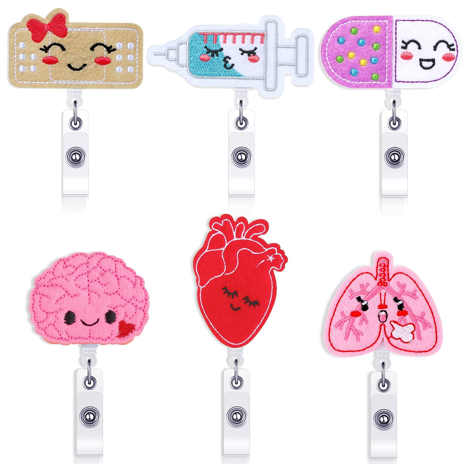 6 Pieces Nurse Badge Reels Nurse Day Gift Felt Retractable ID Badge Holders Brain Lung Heart Pill Bandage Syringe Badge Reel with Alligator Clip for Nurse Doctor Teacher Student, 6 Designs