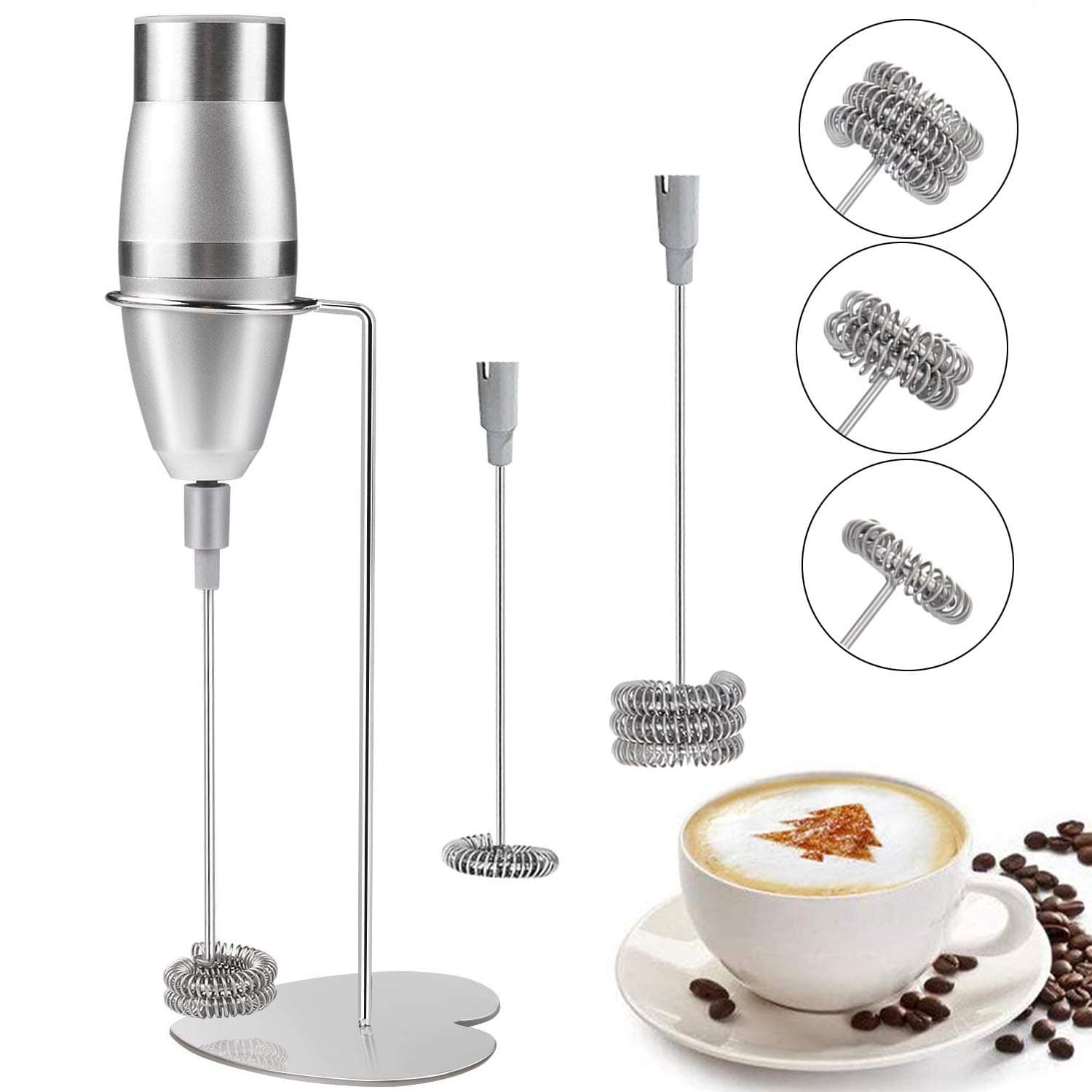 Briskyto2 Battery Operated, Stainless Steel Beater with Triple Double and Single Spring Whisk Head and Storage Stand for Latte Eggs