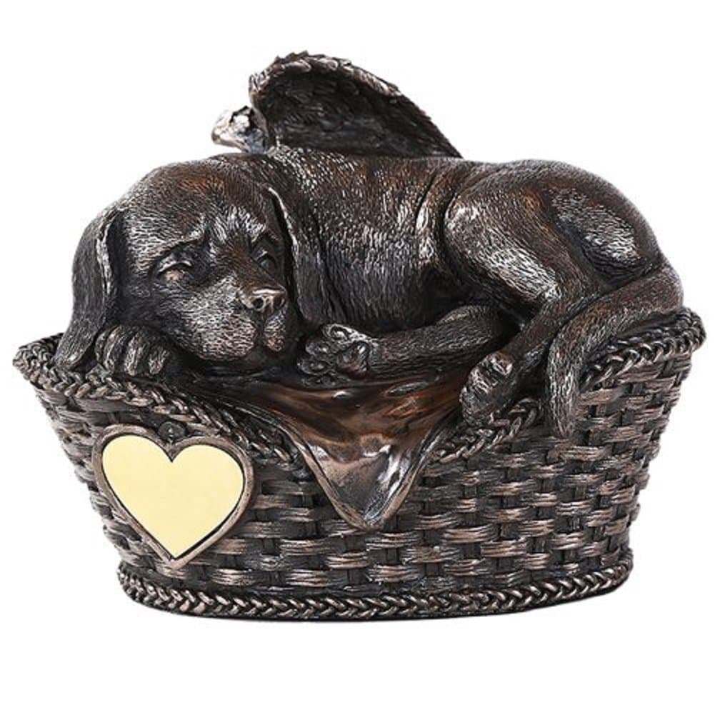 Pet Memorial Angel Dog Sleeping in Basket Cremation Urn Bronze Finish Bottom Load 45 Cubic Inch
