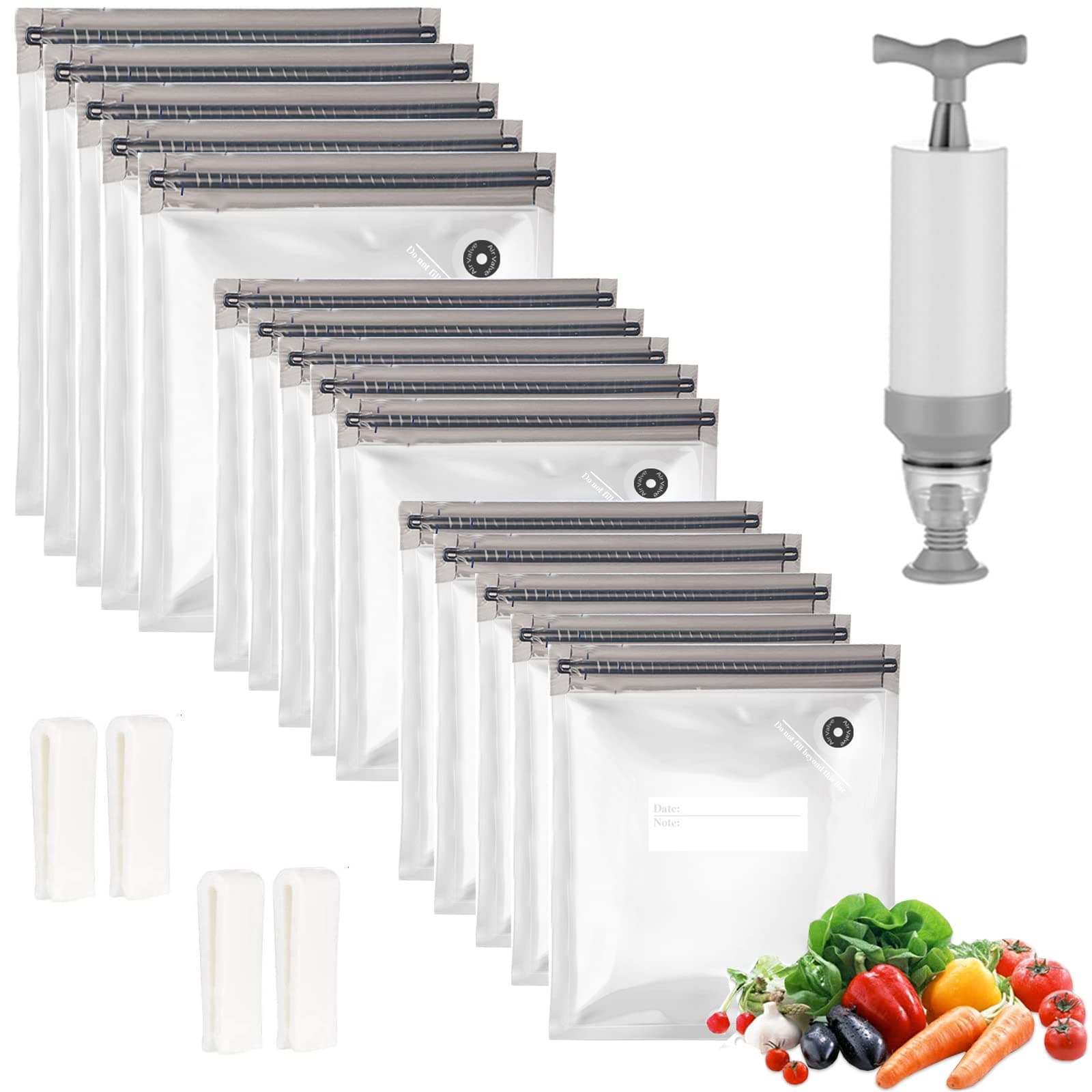 Repinsta Sous Vide Bags 20pack Reusable Vacuum Food Storage Bags with 3 Sizes Vacuum Food Bags,1 Hand Pump,4 Sealing Clips for Food Storage and Sous Vide Cooking (Gray Kit)