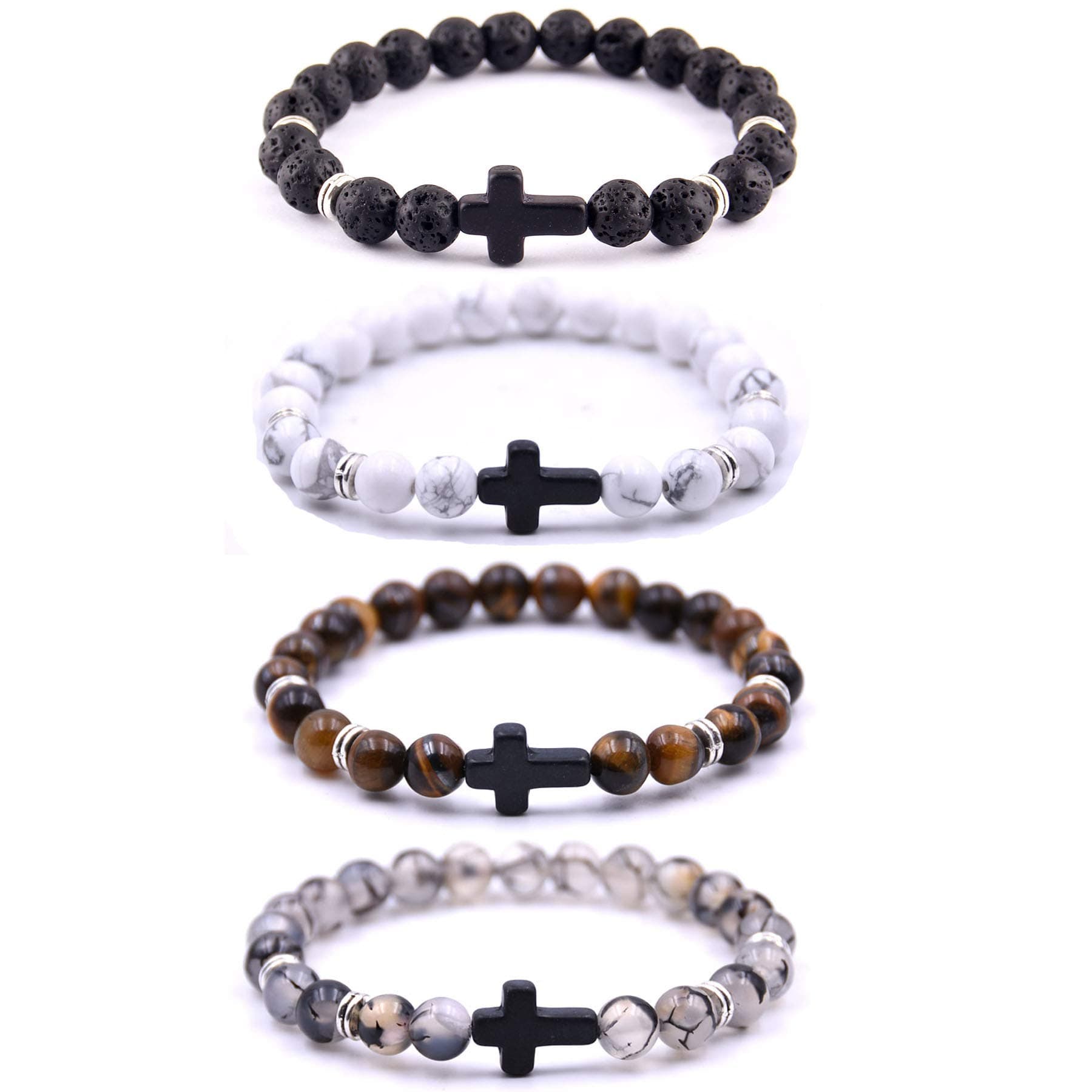 4PCS Cross Beads Bracelet for Men Women 8mm Healing Lava Stone Stretch Bracelets,7.5"