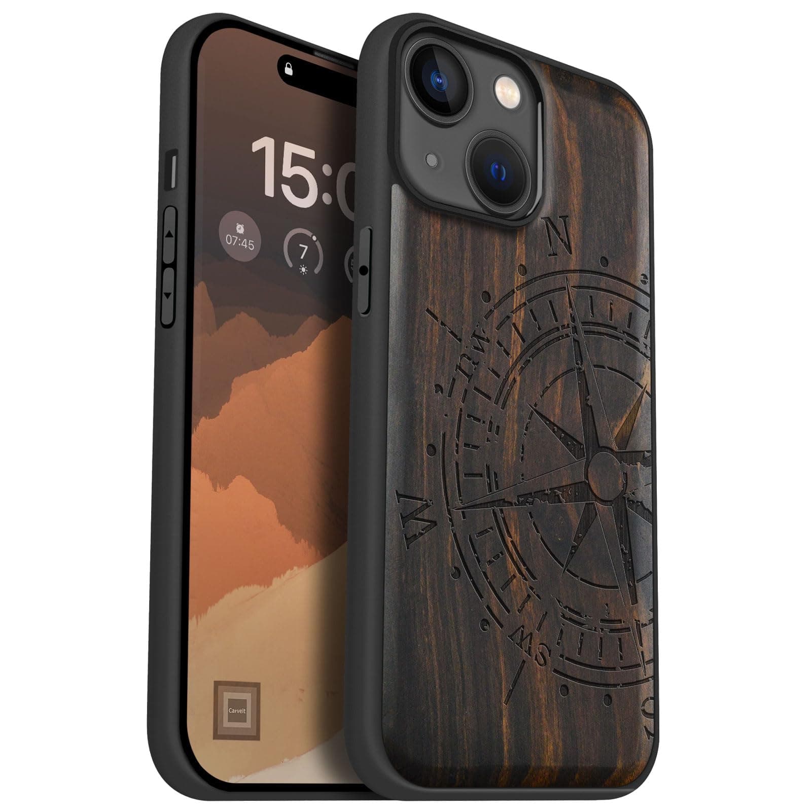 Carveit Magnetic Wood Case for iPhone 15 Case [Solid Wood & Black Soft TPU] Shockproof Protective Cover Unique Wooden Case Compatible with magsafe (Incomplete Compass -Blackwood)