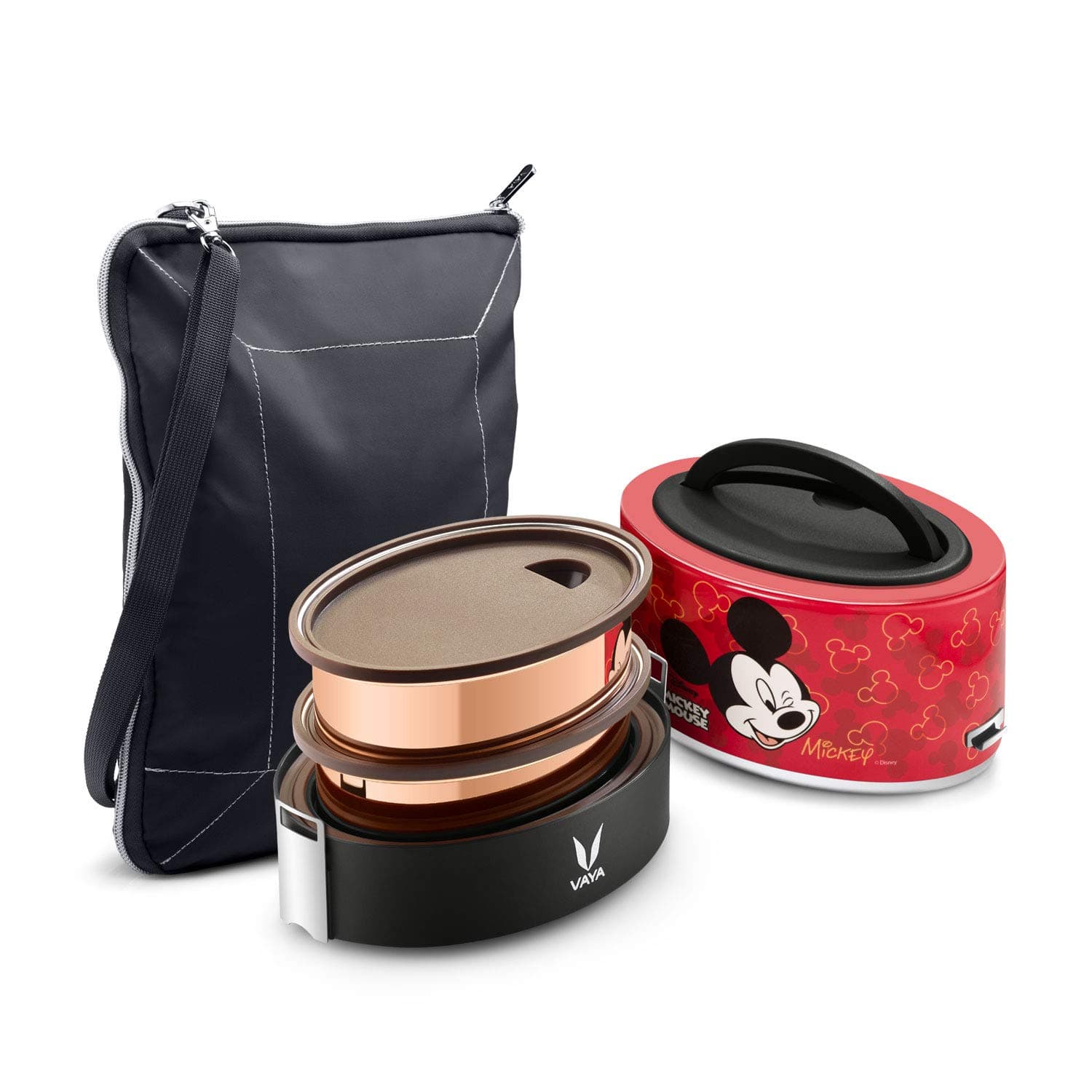 Vaya Tyffyn Mickey Copper-Finished Stainless Steel Lunch Box with Bagmat, 600 ml, 2 Containers, Red