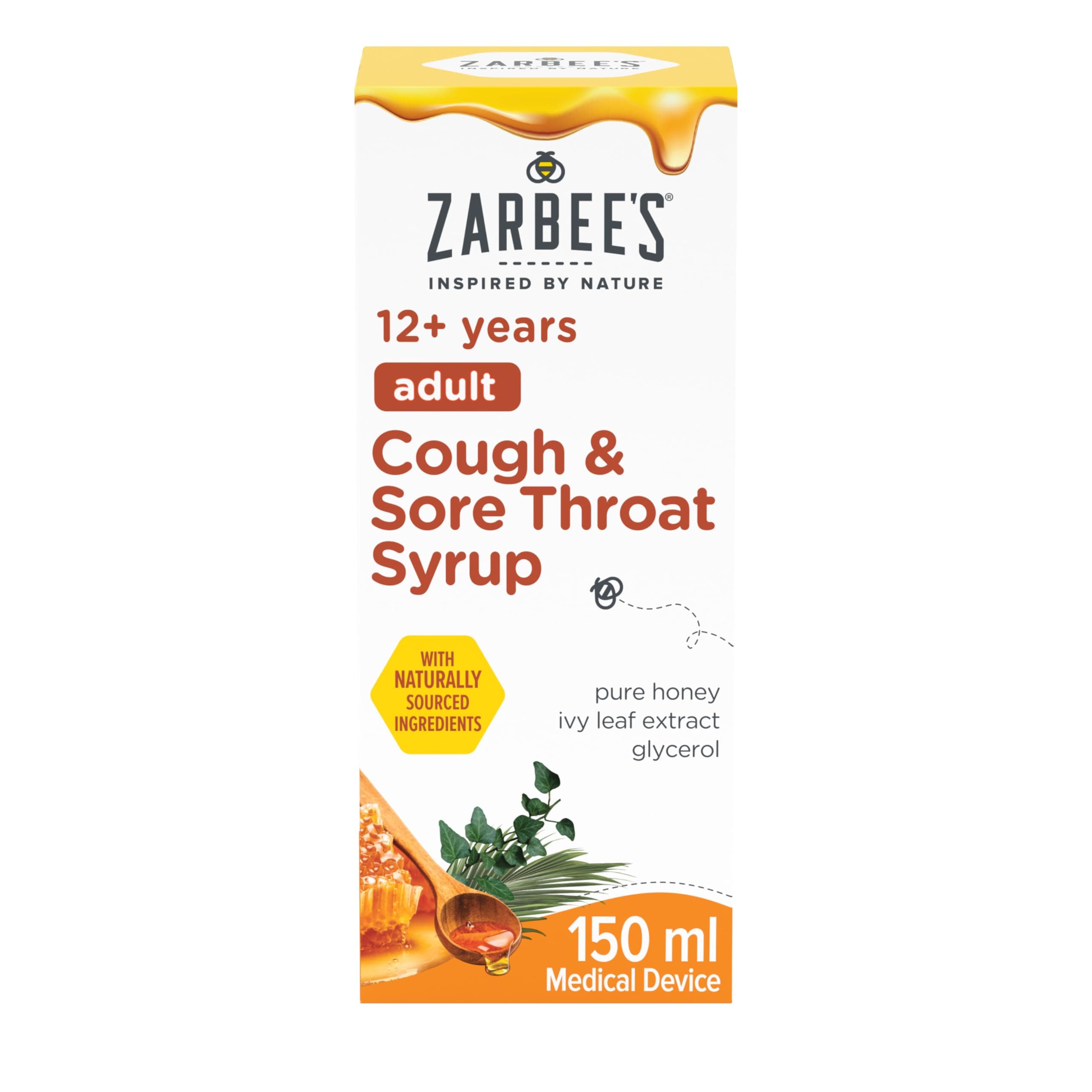 Zarbee's Adult Cough and Sore Throat Syrup, 150 ml, Honey-Based Relief for Dry or Chesty Cough, Sore Throat Relief, Alcohol Free, No Artificial Colours or Flavours, Suitable For Adults