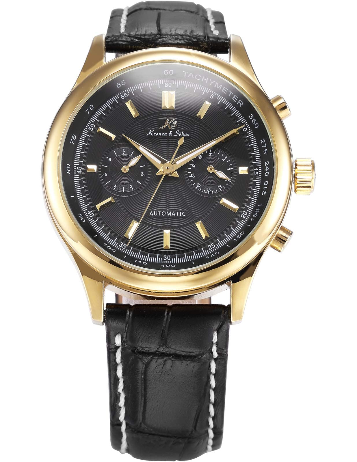 KS Aviator Golden Automatic Mechanical Black Leather Men's Watch KS021