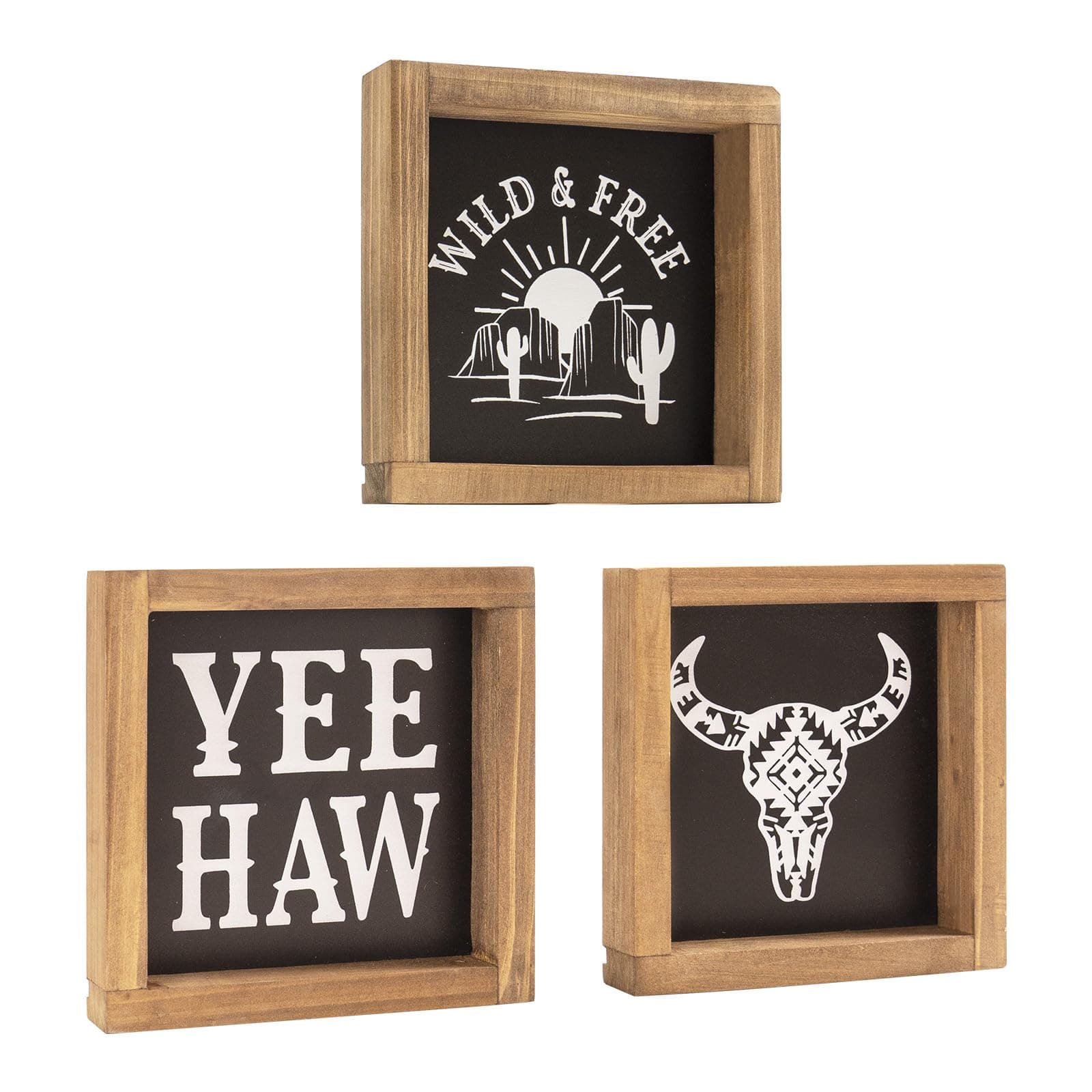 Western Bathroom Decor, Wooden Western Wall Art, Southwestern Cowboy Yee Haw Cow Skull Wild Free Signs, Black White Farmhouse Home Table Shelf decorations