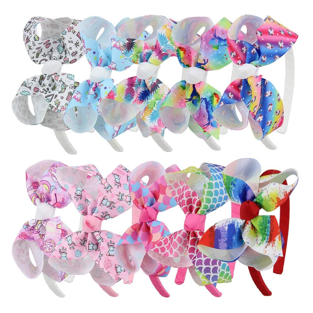 7Rainbows 10pcs Girls Unicorn Hair Bows On Headband Pineapple Hair Hoop Princess Dance Headbands.
