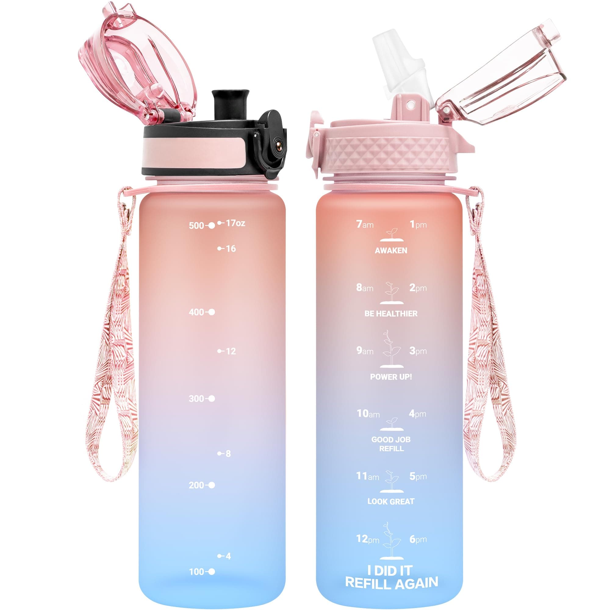 OLDLEY Kids Water Bottle for School, 17 oz (2 lids) BPA-Free Reusable Leak-proof Durable Tritan Plastic Water Bottles with Straw & Chug Lids, Anti-dust Spout Cover (Pink Blue)