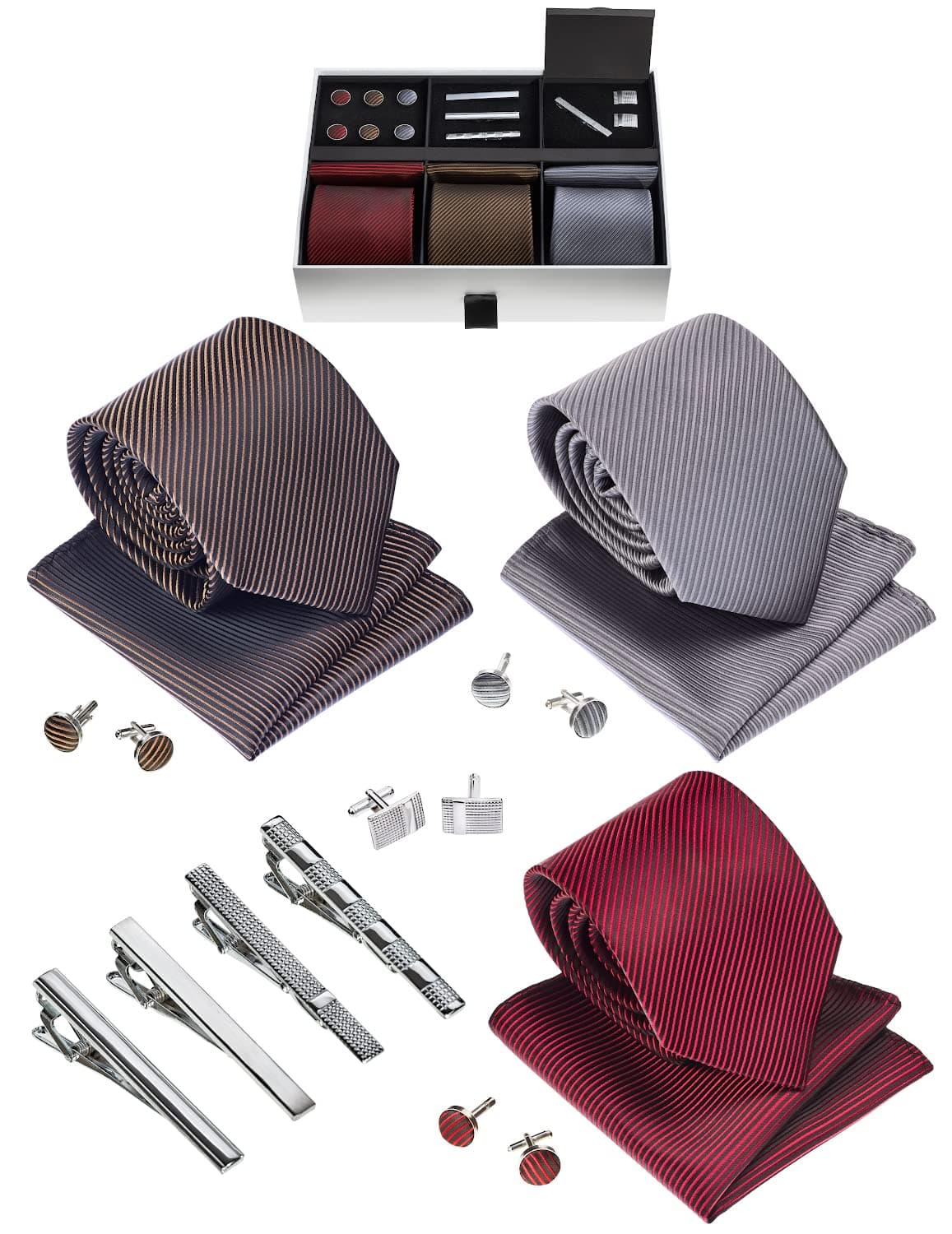 Premium Men’s Gift Tie Set Silky Necktie Pocket Squares Tie Clips Cufflinks For Men