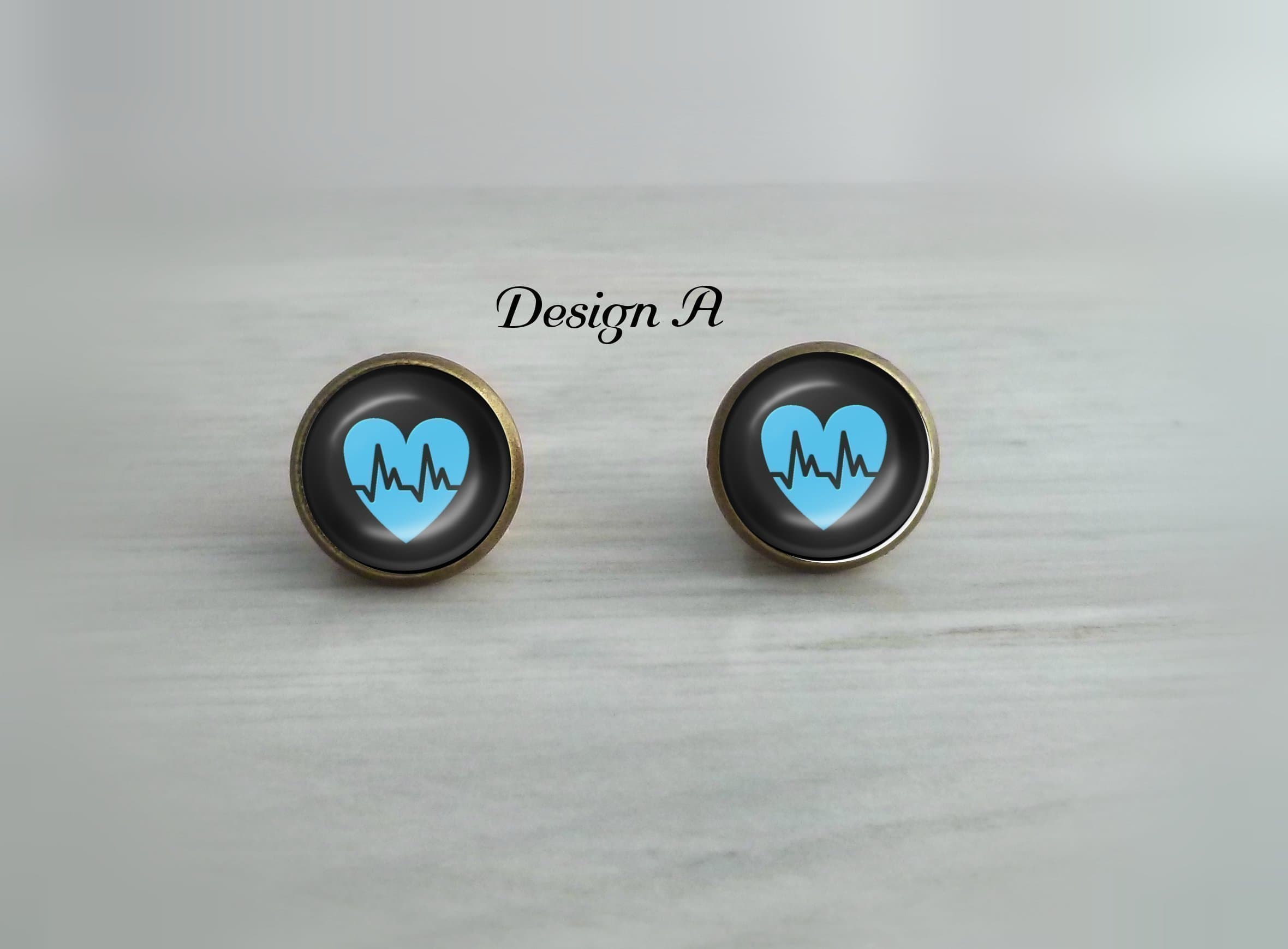 Blue Medical Heart Monitor Pulse Glass Dome Stud Earrings