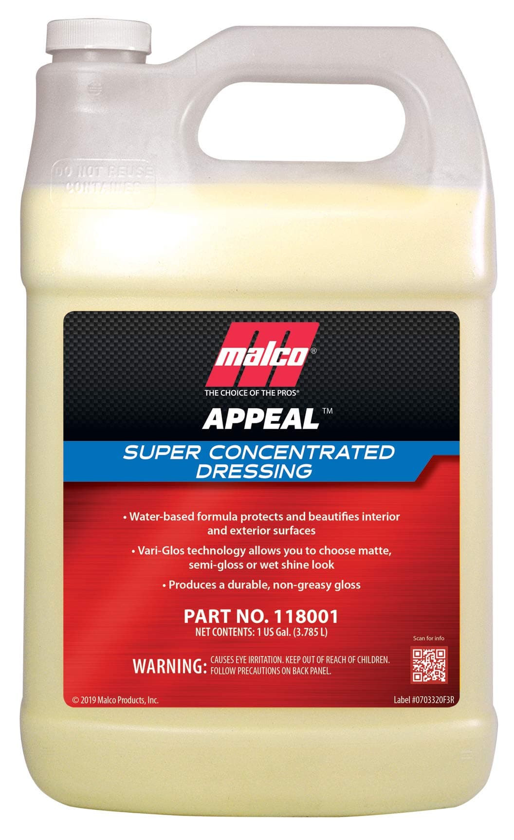 Malco Appeal Dressing – Super Concentrated Formula Protects and Beautifies Interior and Exterior Surfaces/Choose Your Gloss Level/Produces a Durable, Non-Greasy Gloss / 1 Gallon (118001)
