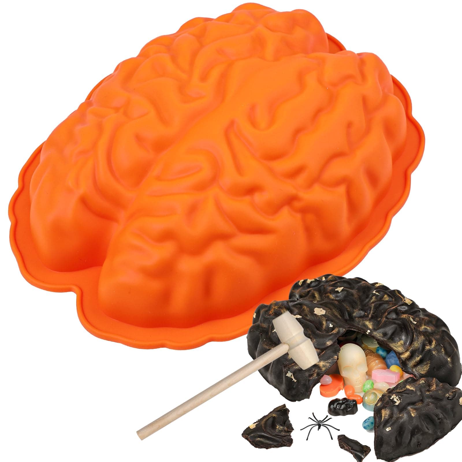 Kamehame Breakable Brain Mold with Hammer, Halloween Brain Jello Mold, Silicone Brain Gelatin Cake Mold, 9 Inches Breakable Brain Chocolate Mold