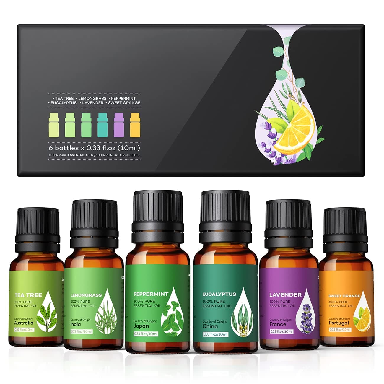 AOSNO Essential Oils 6pc Gift Set Top 6*10 ml Essential Oils for Aromatherapy, Candle Making, Skin, Massage, Hair Care & Diffuser 100% Pure Diffuser Oil Aromatherapy Oils Gift Set for Home Office