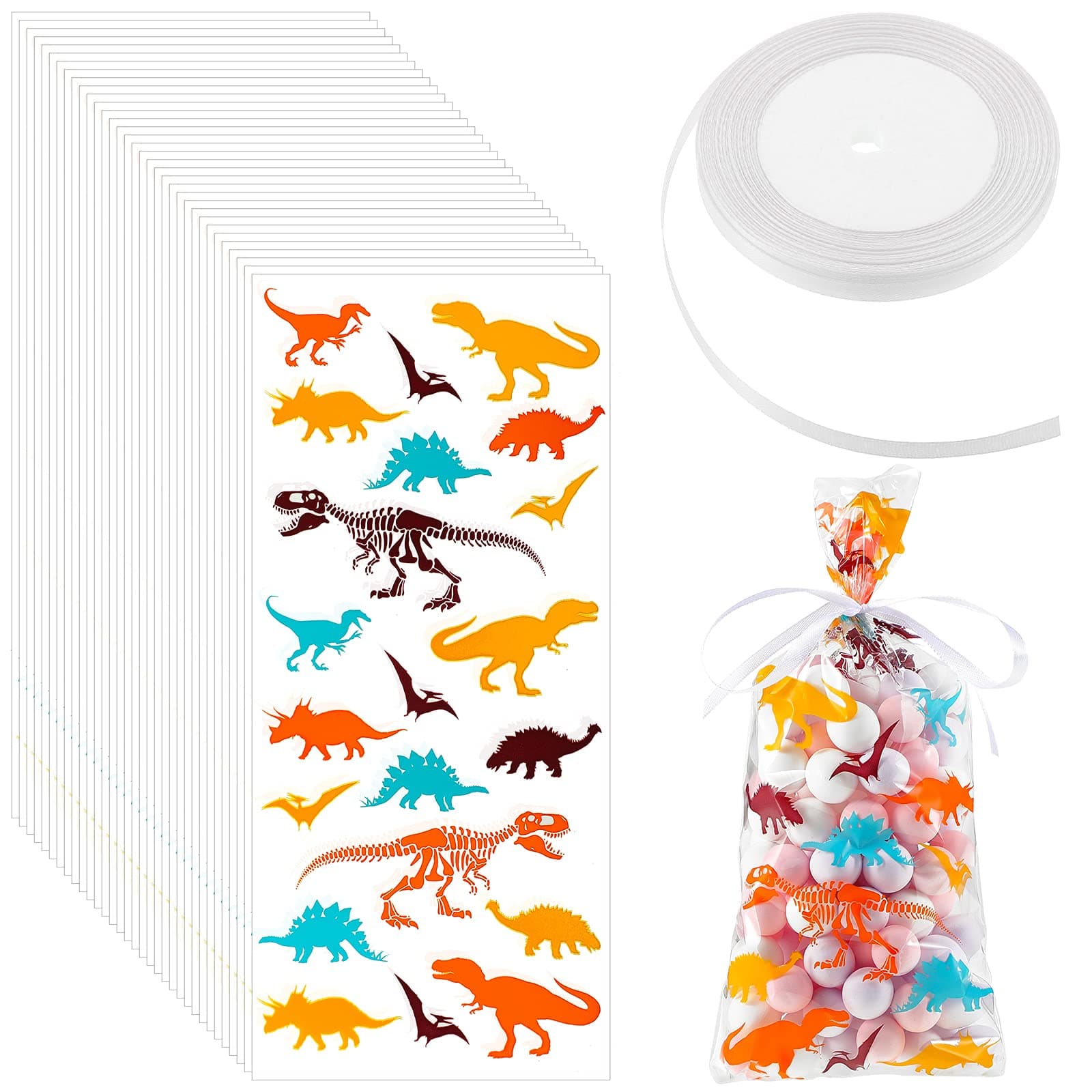 Outus100 Pcs Dinosaur Cellophane Candy Bags Dinosaur Skeleton Treat Bags Dino Party Favors Goodie Bags with Ribbon for Kids Adults Small Items Dinosaur Themed Party Birthday Supplies(Mixed Colors)