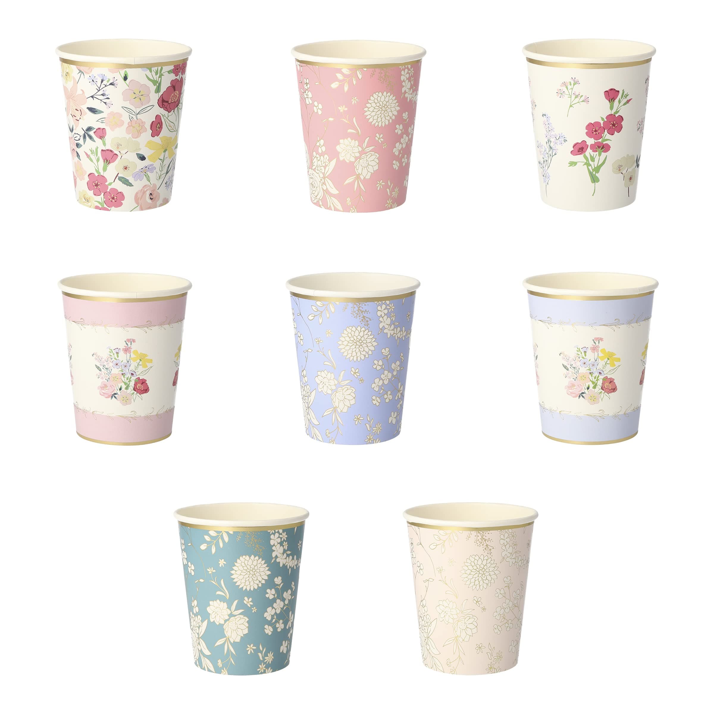 Flower Cups (Pack of 8), Floral Paper Cups, 9oz Disposable Party Cups, Garden Party Cups Sized for Kids & Adults, Ideal for Hot or Cold Party Drinks