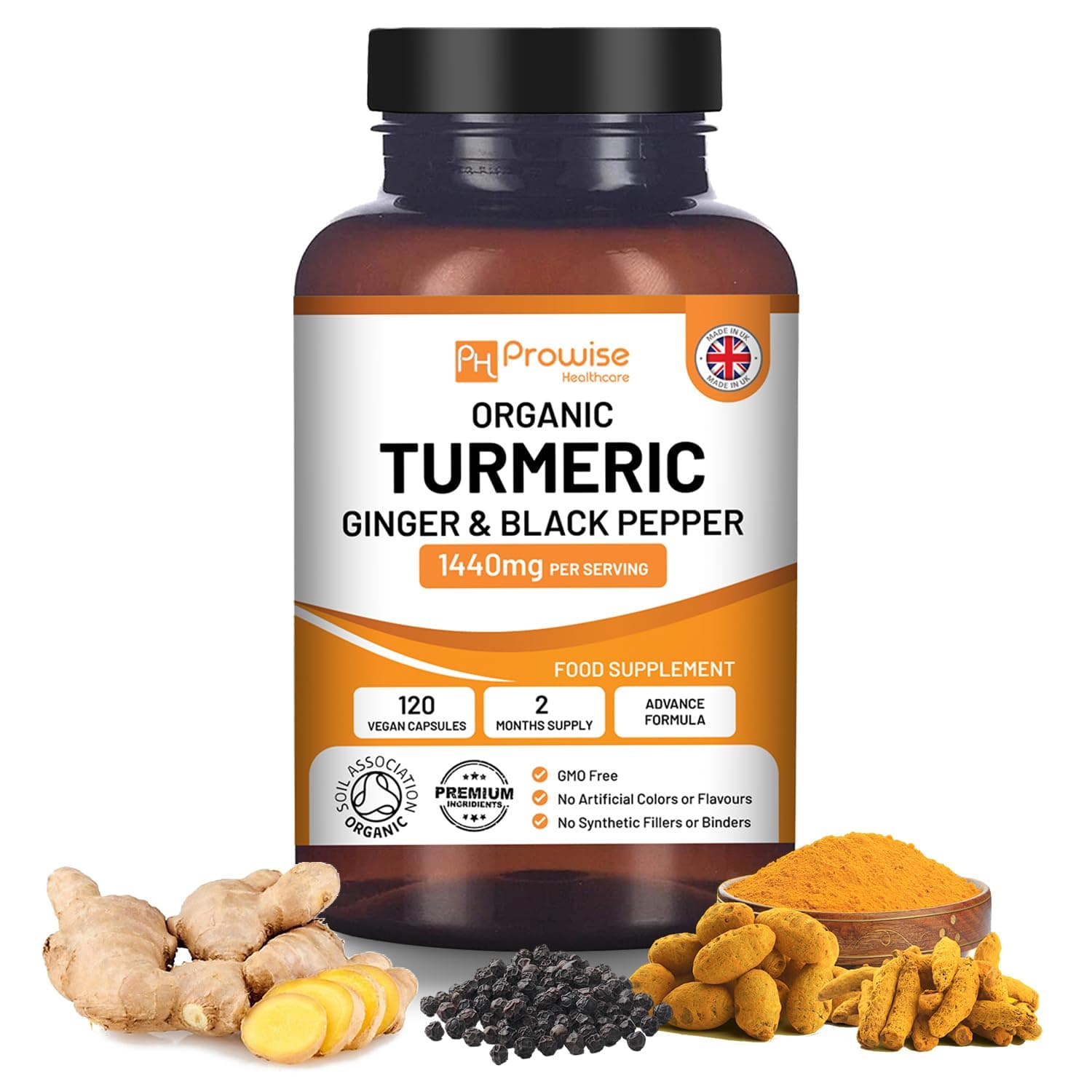 Organic Turmeric Curcumin 1440mg with Black Pepper & Ginger | Certified Organic by Soil Association |120 Vegan Turmeric Capsules High Strength (2 Month Supply) I Made in The UK by Prowise Healthcare