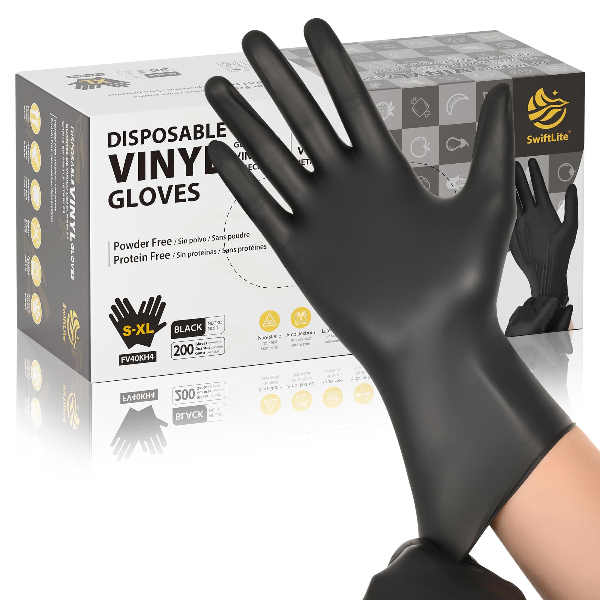 Black Vinyl Gloves, Food Grade Gloves Disposable Latex Free & Powder Free, Guantes for Cleaning Cooking Food Prep