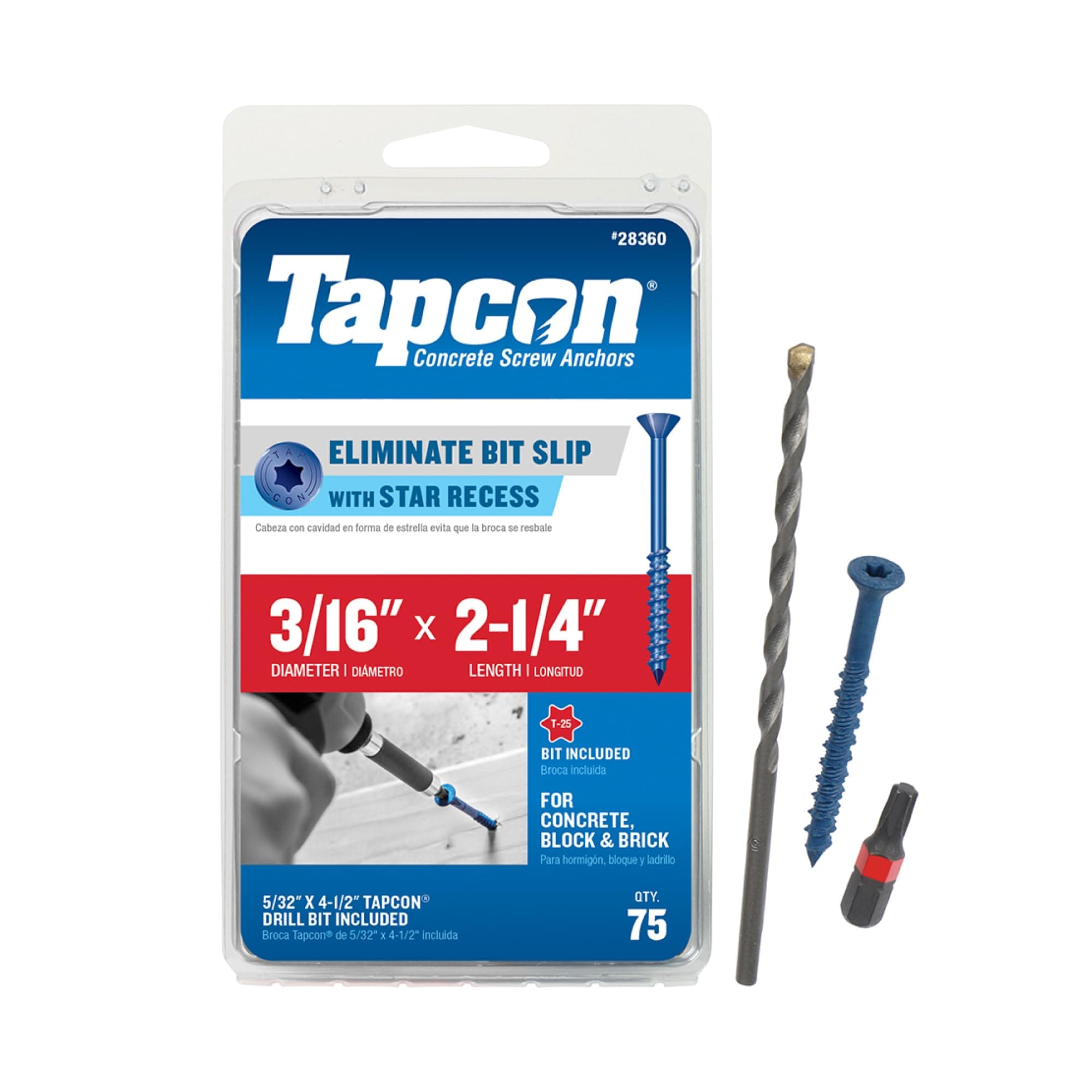 Tapcon 3/16 x 2-1/4 Inch Blue Climaseal® Star Head Concrete Anchors, 75 PCS, Corrosion Resistant Coating, Heavy-Duty Concrete and Masonry Screws, Superior Holding Strength, Drill & T-25 Bit Included