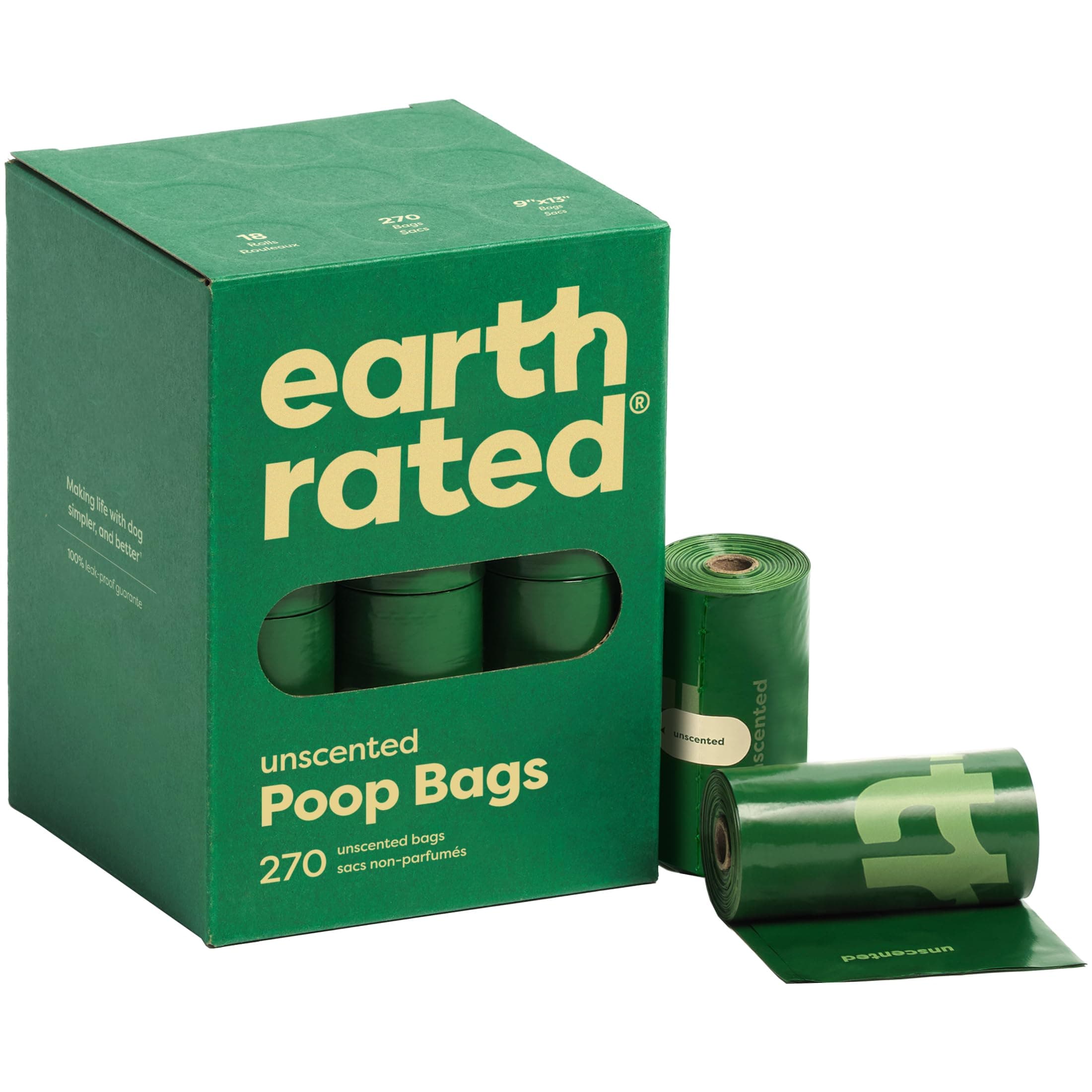 Earth Rated Poop Bags for Dogs, Guaranteed Leak Proof and Extra Thick Waste Bag Refill Rolls, Unscented, 270 Bags