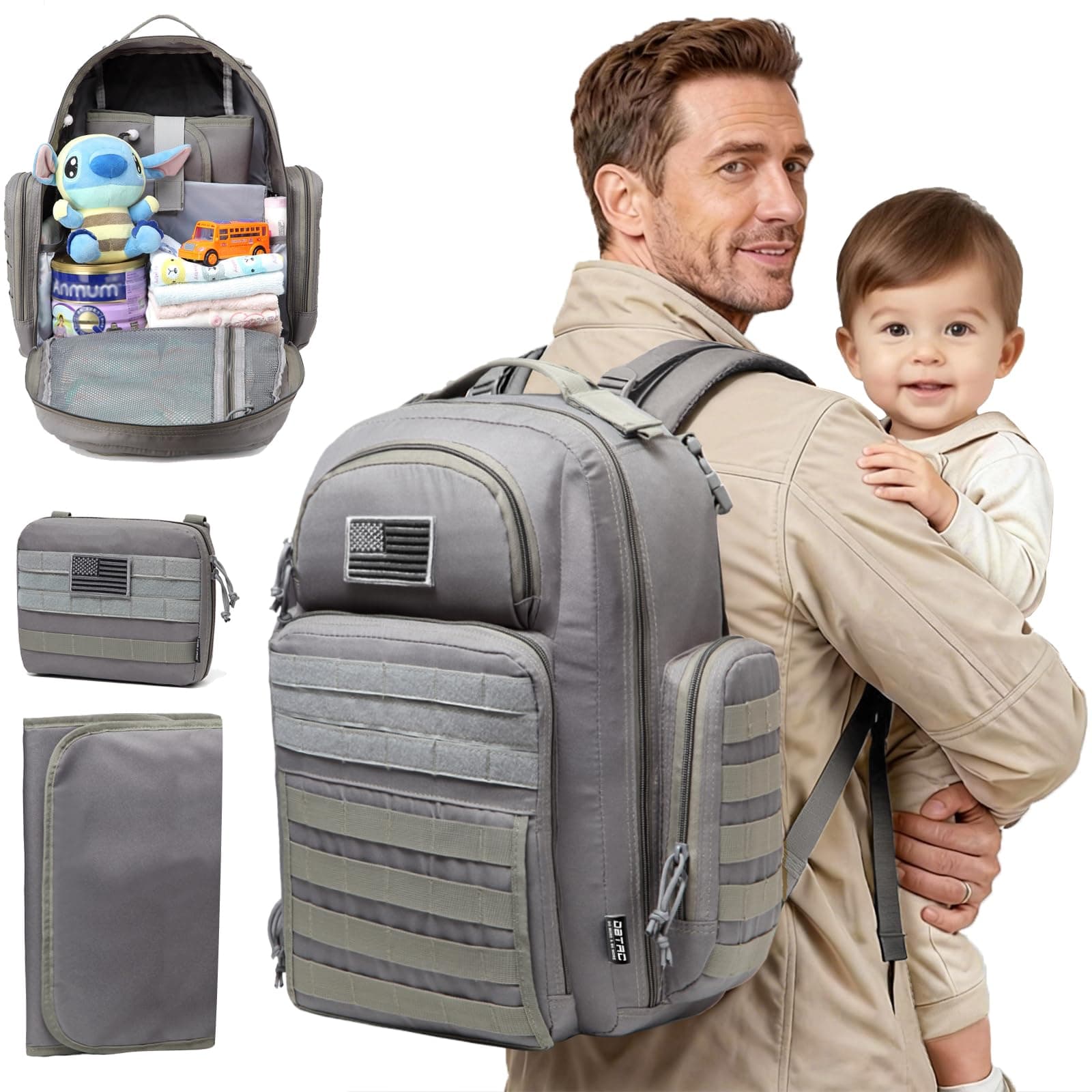 Diaper Bag Backpack for Dad, DBTAC Large Baby Nappy Bag for Men w/Changing Mat, Insulated+Wipe Pockets, Stroller Straps, Grey