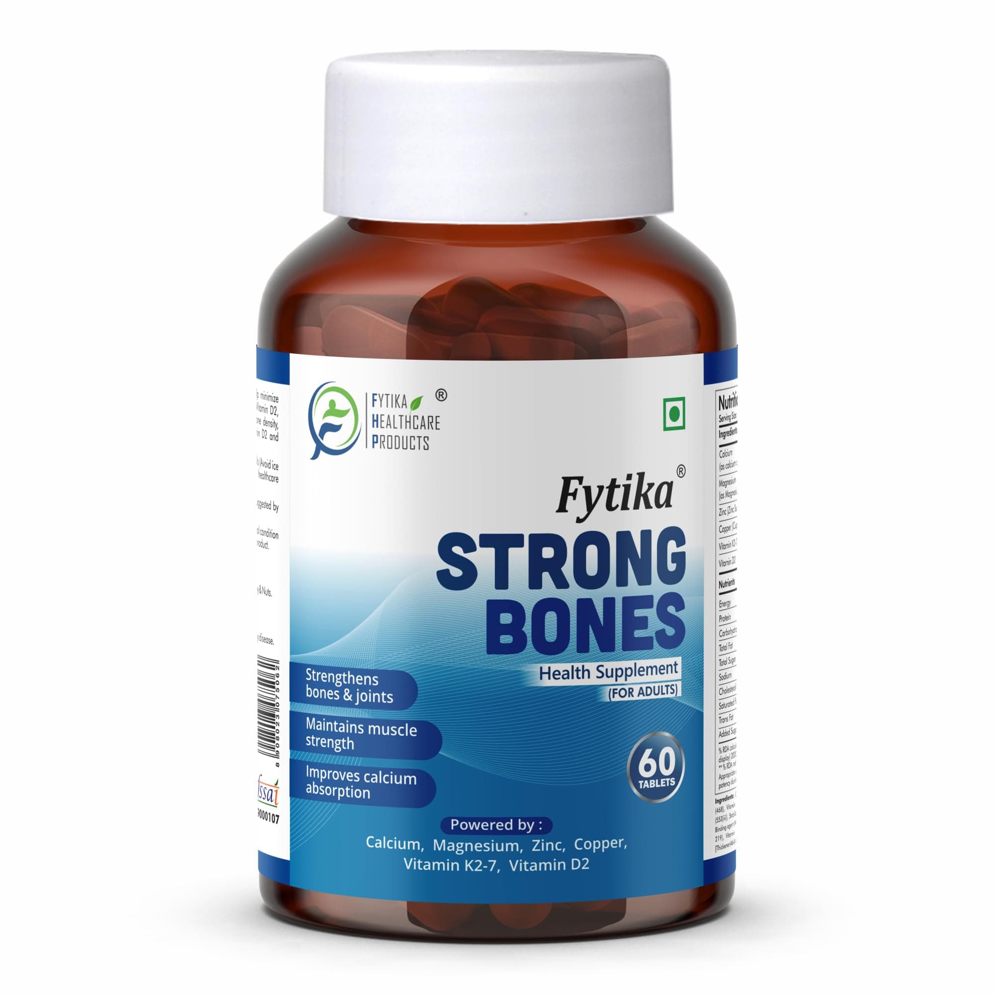 FYTIKA HEALTHCARE PRODUCTS Strong Bones | Calcium 1000mg + Vitamin D3 400IU Supplement with Magnesium, Zinc,Coper & Vitamin K2 for Complete Bone, Joint & Muscle Health - Women and Men | 60 Tablets