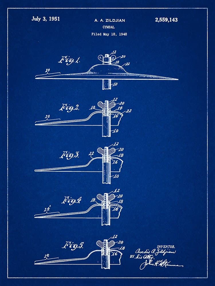 Zildjan Cymbal Patent Blueprint-Style Art Print - 12x16 inch