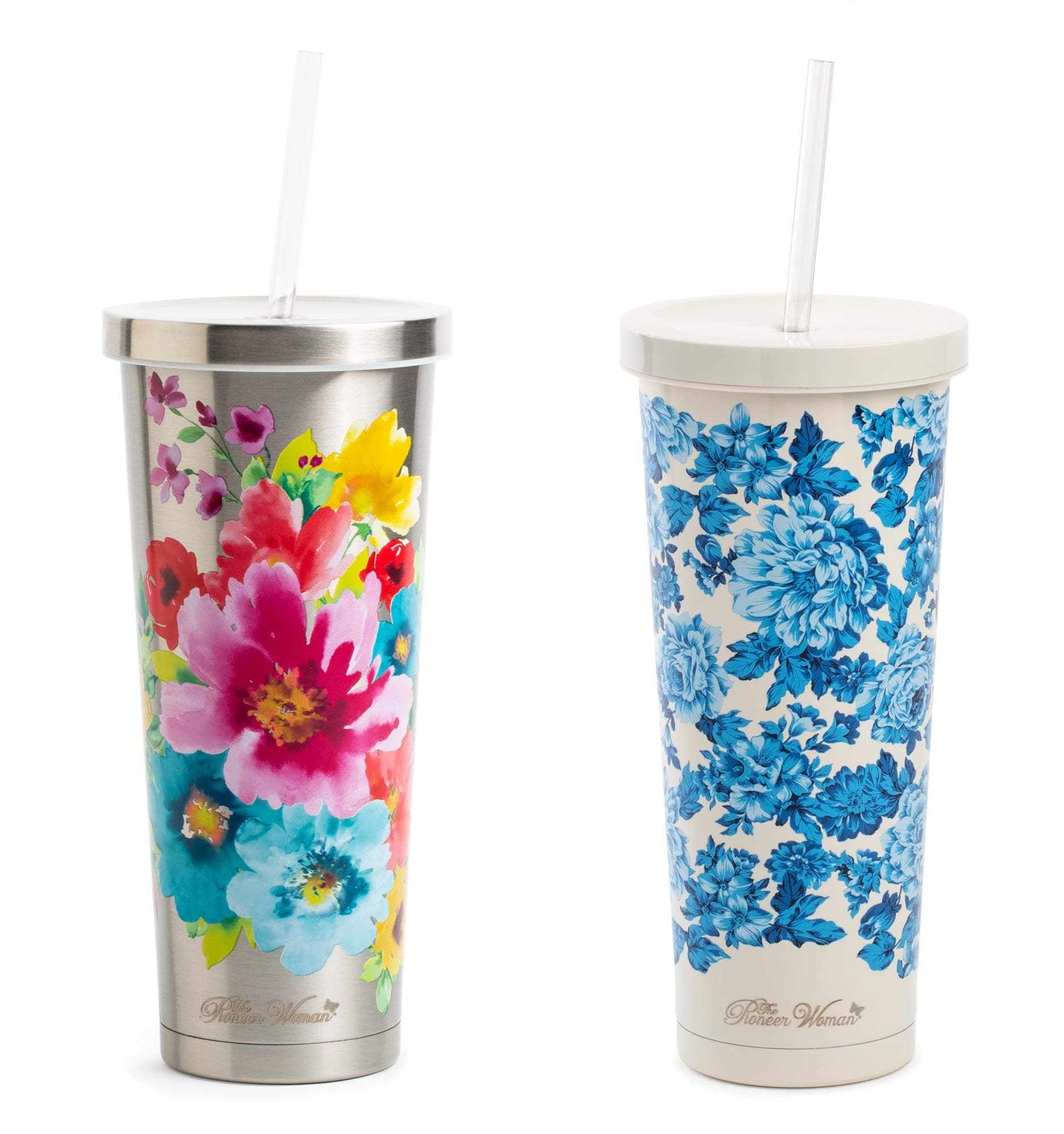 The Pioneer Woman Stainless Steel Tumbler Set in Red and Yellow Floral Design 24 Oz Double Wall Vacuum Insulated