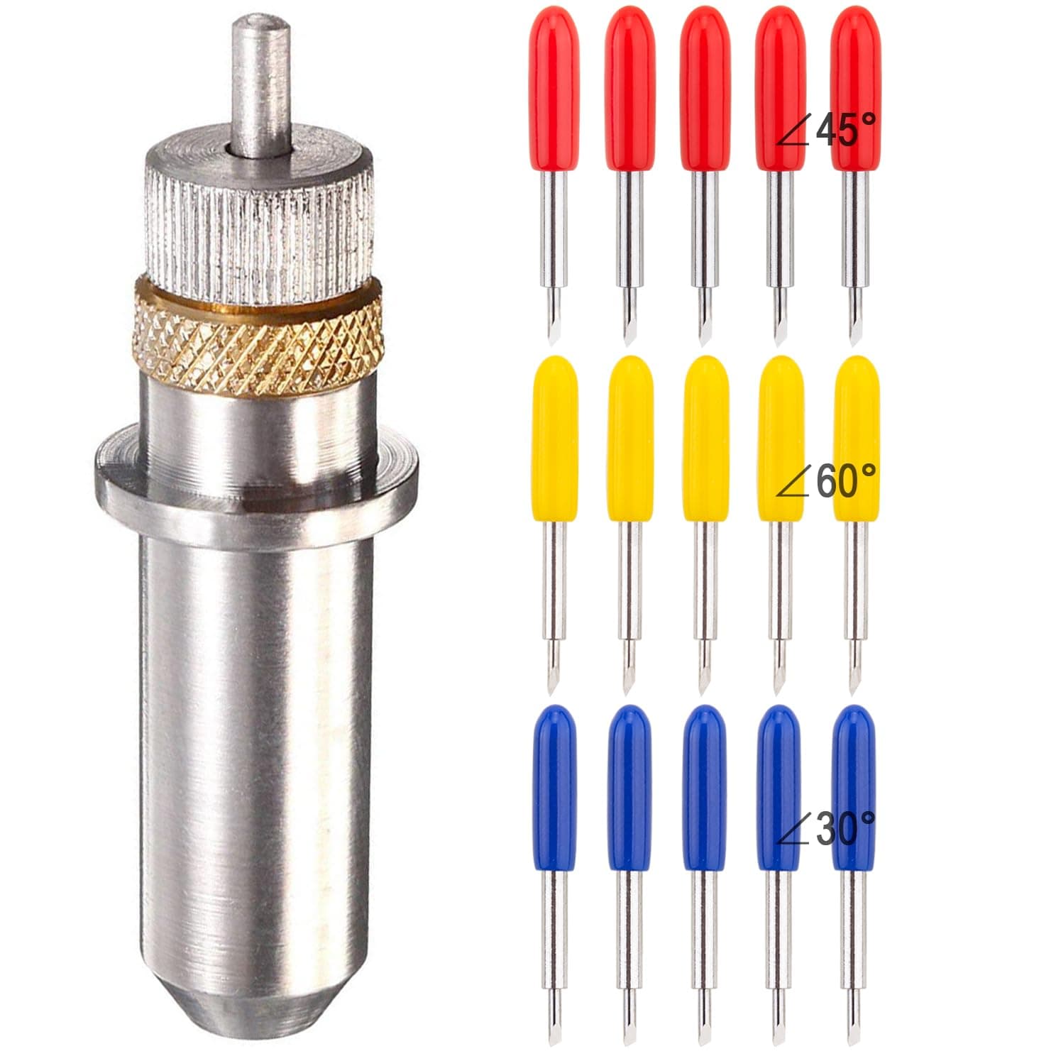 15pcs 30/45 / 60 Degree Vinyl Cutter Blades with Cut Blade Holder - All Purpose for GCC Vinyl Film Cutter Plotter Cutting Machines (ZEC-U1005, Dia. 2.0 mm, Offset Value 0.25mm)