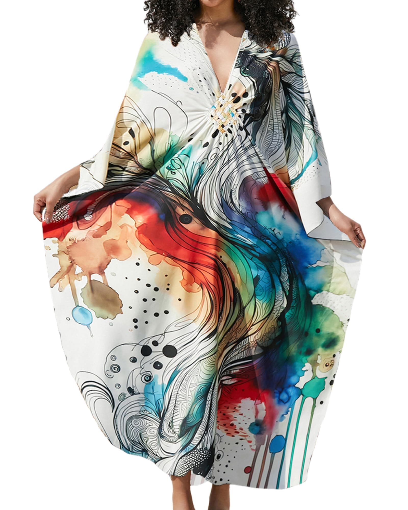 Bsubseach Women Ethnic Print Kaftan Beach Dress Plus Size Swimsuit Cover Up