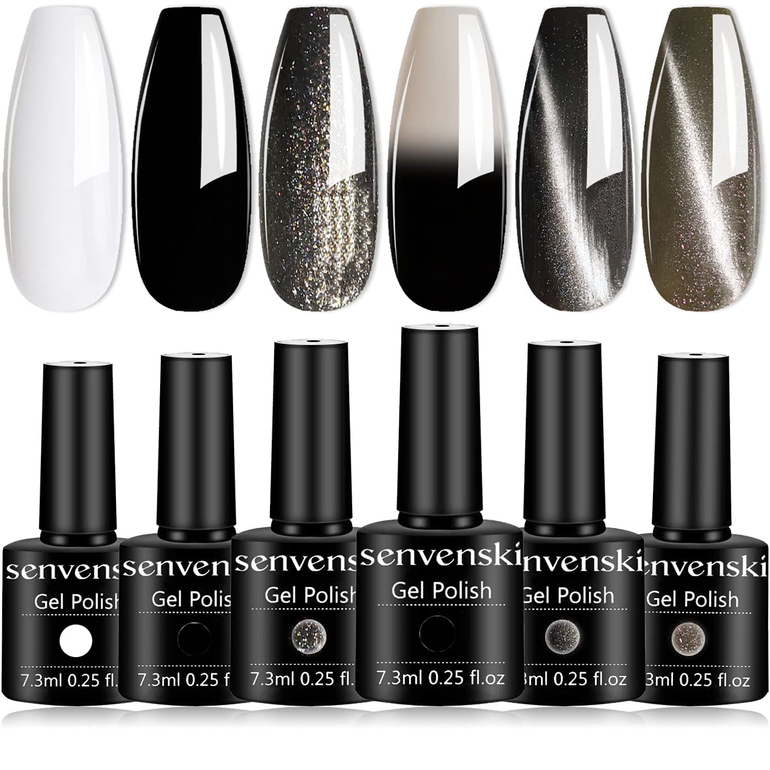 senvenski Black White Gel Nail Polish Kit - UV/LED Nail Art Set with Gunmetal Silver Grey Pewter Glitter Colors | Color Changing Cat Eye Magnetic Manicure Gift Kit for Women Salon Home Use (HS004)