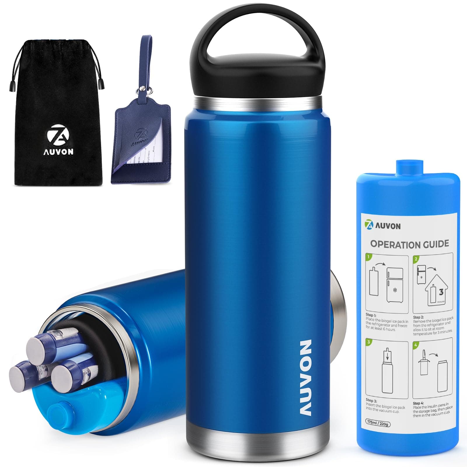 AUVON Insulin Cooler Travel Case Keeps Insulin Cool up to 44H for 3–5 Pens, Gel Ice Pack & Pouch Protect Medication from Freezing, Diabetes Travel Case with Handle & Medical ID Tag, TSA Approved