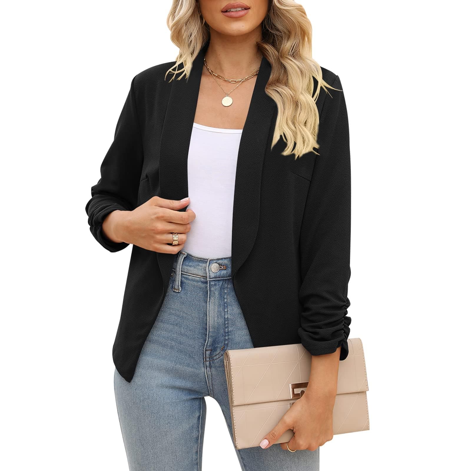 Women 3/4 Sleeve Blazer Open Front Cardigan Jacket Work Office Blazer