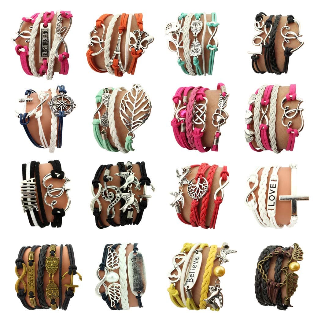 16pcs Handmade Braided Multi Layers Vintage Woven Rope Woven Leather Alloy Owl Infinity Wrap Bangle Bracelets by OUR SUPER DEALS