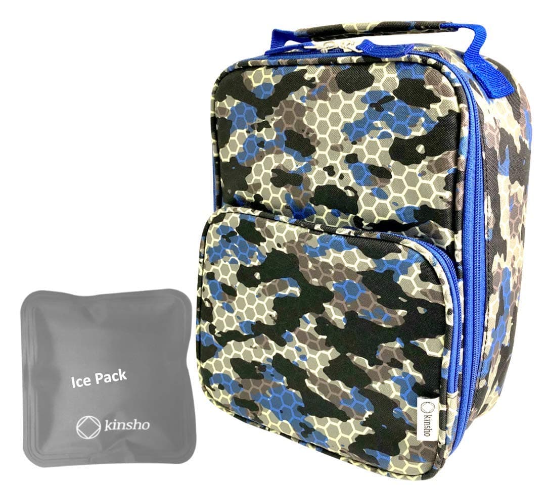 kinsho Camouflage Bento, Lunch Box Ice Pack Set for Boys Kids Men, Insulated Thermal Bag for School, Container Boxes for Big Kid Tween Adult Lunches, Blue Black Camo