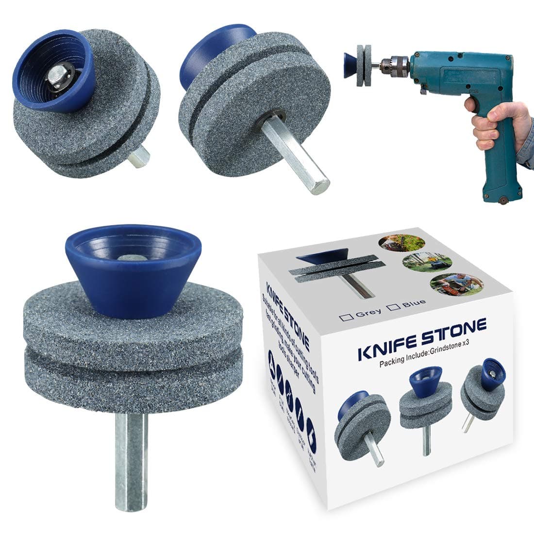 【NEW】Double Layer Corundum Lawn Mower Blade Sharpener, Universal Wear Lawnmower Blade Sharpener for Any Power Drill/Hand Drill, Double-Layer Grindstones Easy to Use and Not Easy Damage-(Gray)