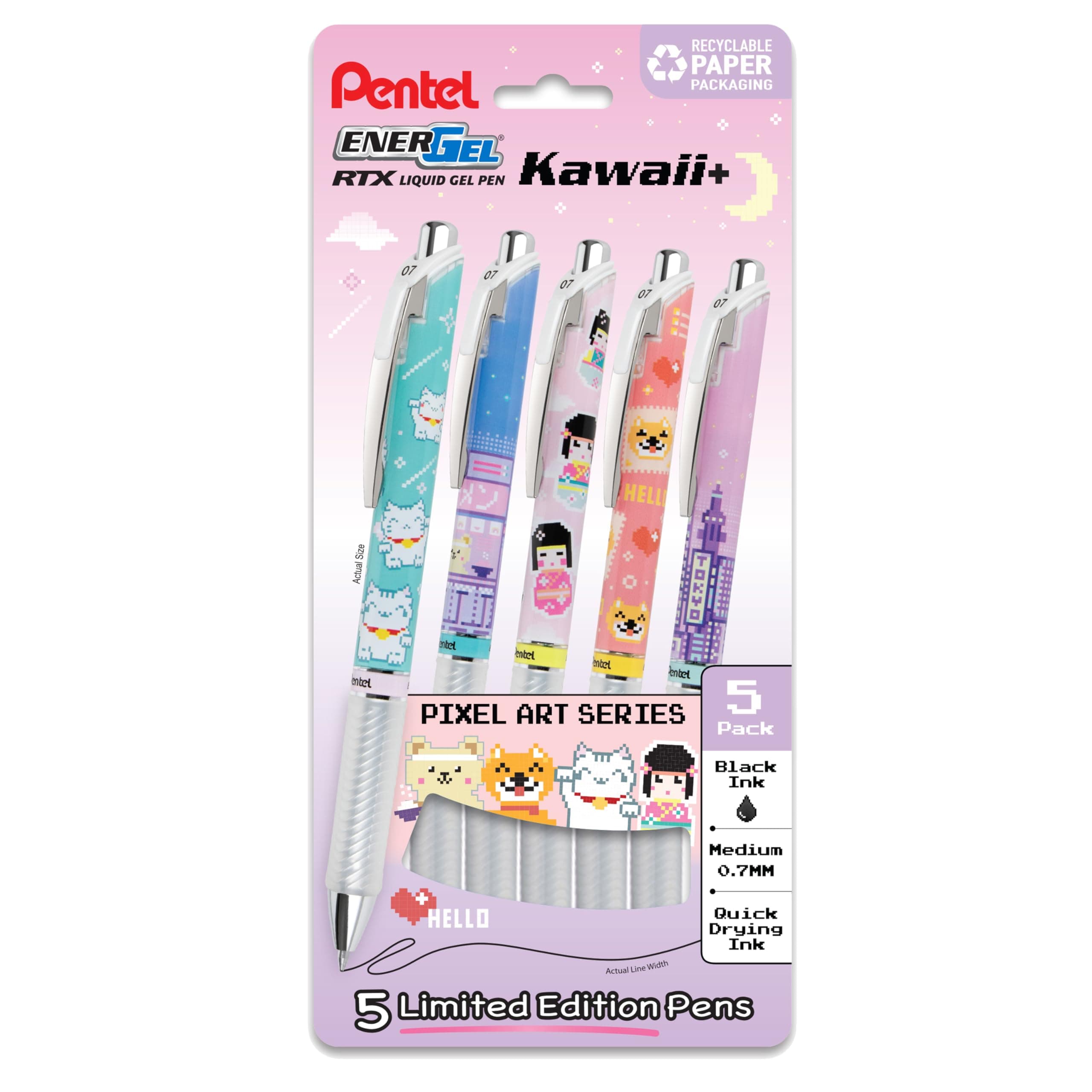 Pentel EnerGel RTX Liquid Gel Pens, Cute Tokyo Design (0.7mm), Medium Line, Black Ink, Pack of 5 (BL77KWIPF5A)